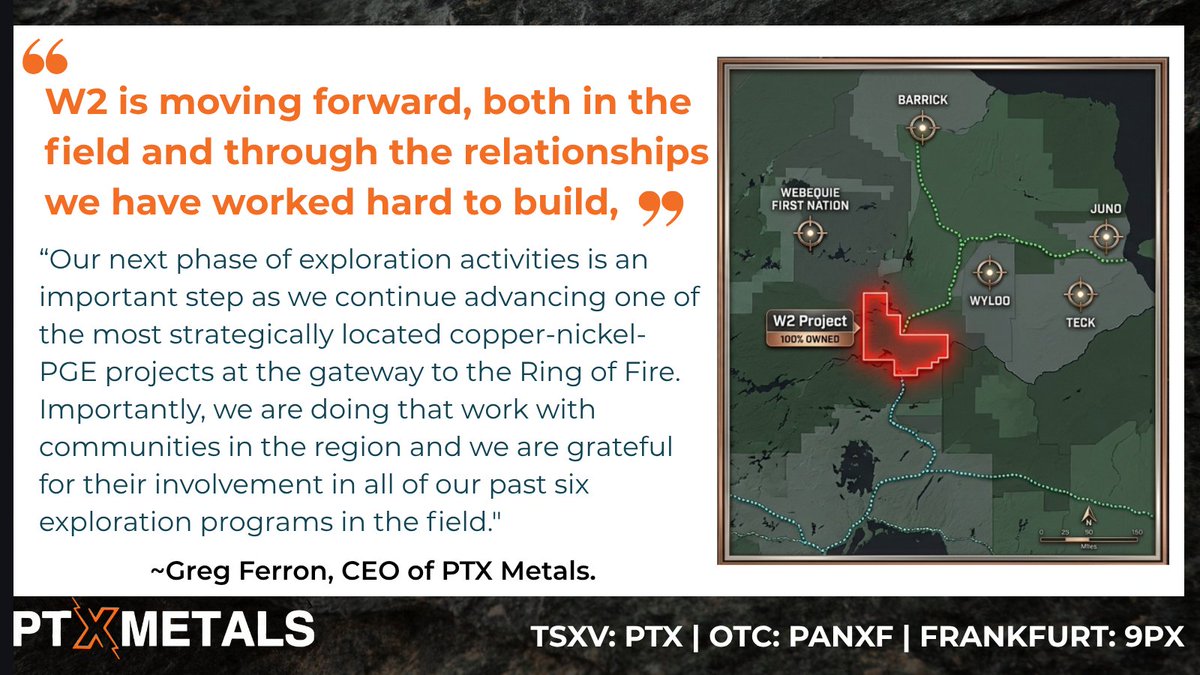 PTXMetals's tweet photo. W2 is moving forward.🤝
Hear more from President & CEO Greg Ferron on the continued advancement of W2 ➡️ Read the full release here: https://t.co/xFP7A3500O
$PTX.V
#W2Project #Copper #Nickel #PGE #CriticalMinerals #RingOfFire https://t.co/N5vWPghgny