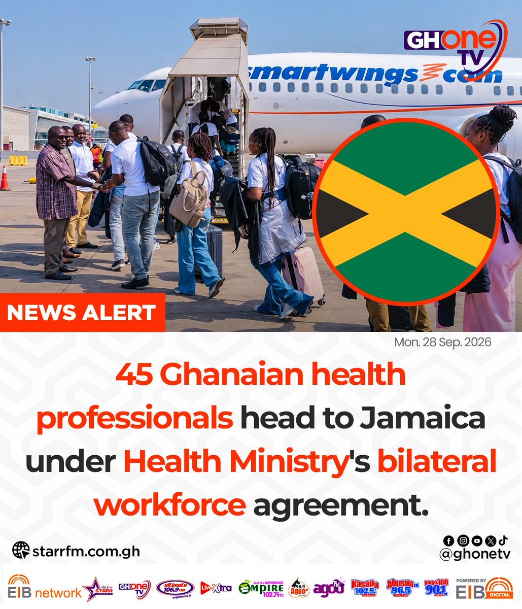 ghonetv's tweet photo. 45 Ghanaian health professionals head to Jamaica under Health Ministry's bilateral workforce agreement...

#EIBNetwork #GHOneTV
#GHOneNews #NewsAlert https://t.co/ivuoe506ji