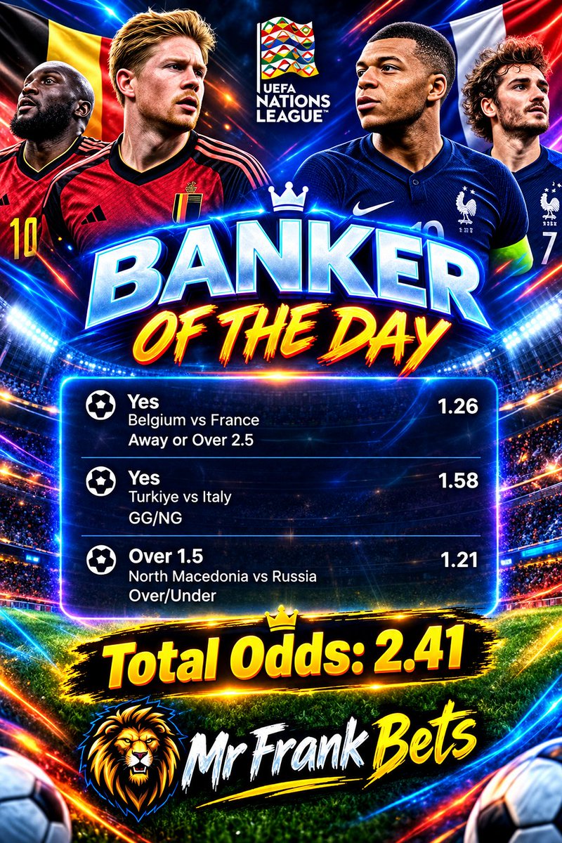 MrFrankBets's tweet photo. 🏦 𝗕𝗔𝗡𝗞𝗘𝗥 𝗢𝗙 𝗧𝗛𝗘 𝗗𝗔𝗬 🏦

⚽️ FRANCE WIN OR OVER 2.5 GOAL
⚽️ TURKEY/ITALY BTTS: YES
⚽️ OVER 1.5 GOAL NORTH MACEDONIA/RUSSIA 

📊 TOTAL ODDS: 2.41 https://t.co/sVann5DXrm