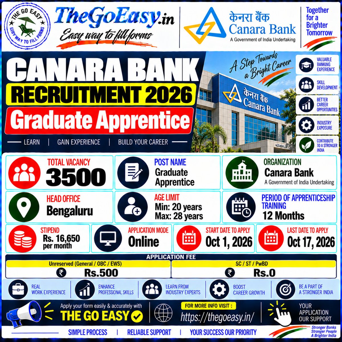 thegoeasy's tweet photo. 🚨 Canara Bank Apprentice Recruitment 2026 | 3,500 Posts
📋 Post: Graduate Apprentice
🎓 Qualification: Graduate
📍 Location: Bengaluru
💰 Stipend: ₹16,650/month
🎂 Age: 20–28 Years
💻 Application Mode: Online
🔗 For More Information &amp; Apply:
🔗 https://t.co/Fi0kUIFufJ https://t.co/GBPstCLC6W