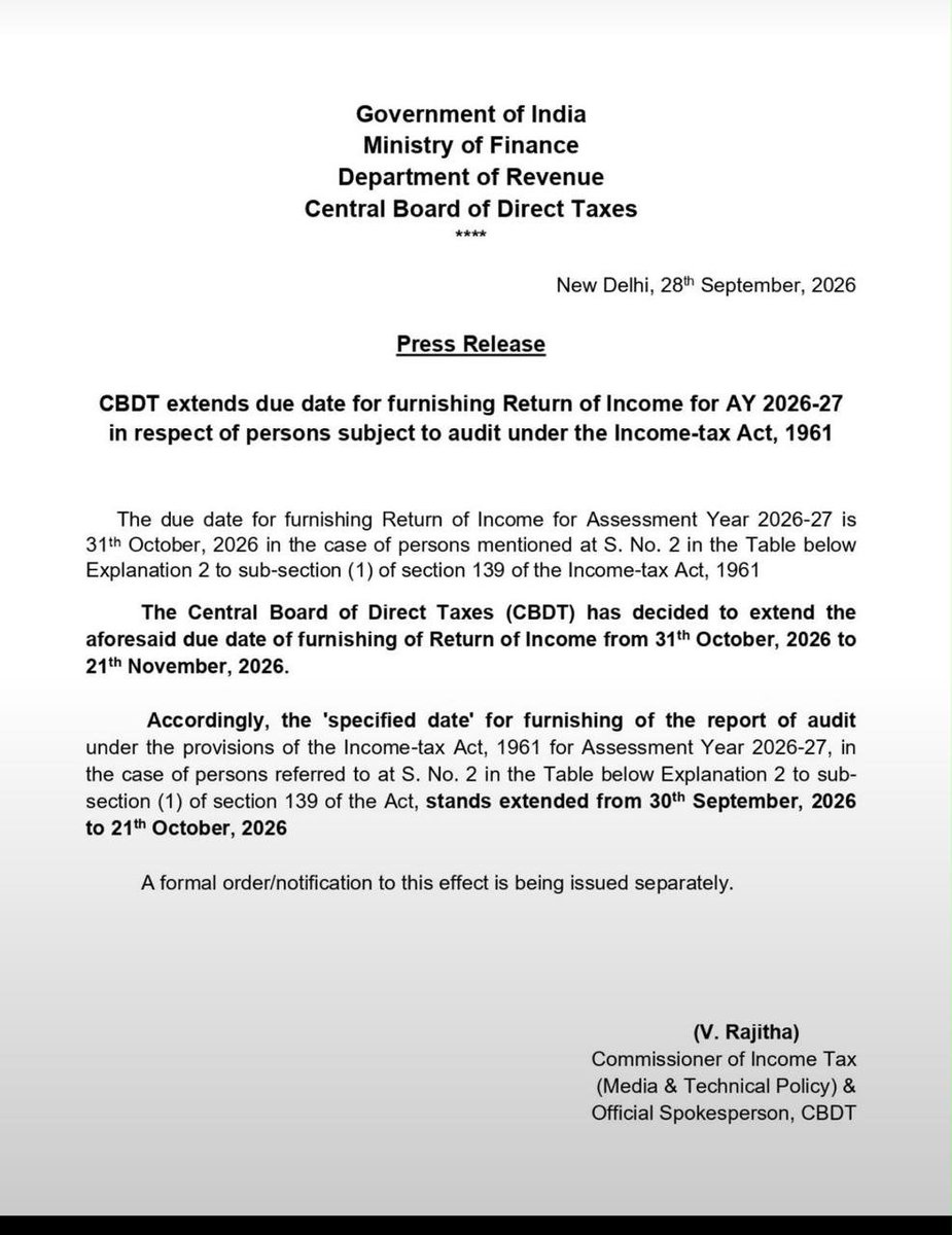 supriya_sule's tweet photo. I welcome the CBDT’s decision to extend the Tax Audit Report deadline for AY 2026-27 from 30 September to 21 October 2026.

This will provide much-needed relief to taxpayers and tax professionals. Thank you, Hon. @nsitharaman Ji and @FinMinIndia, for considering our request. https://t.co/DDrvvoE8je