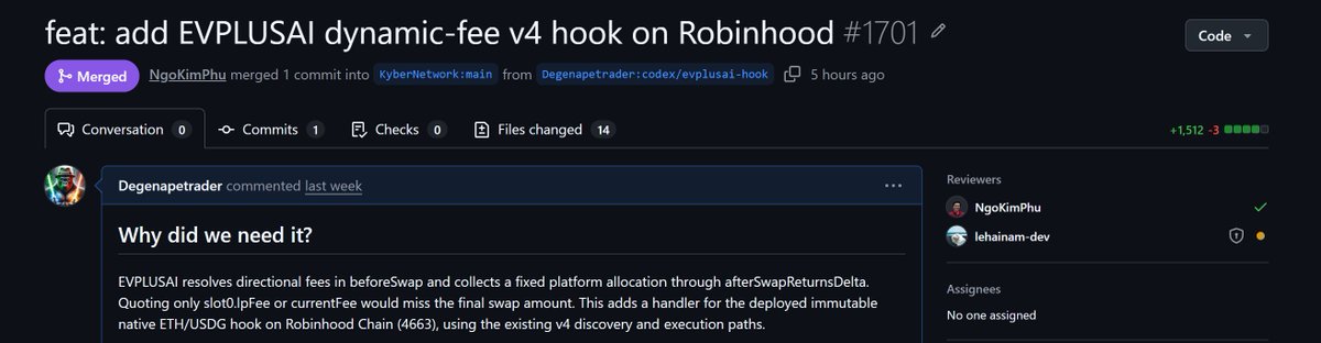 DegenApe99's tweet photo. Second step is done, @EVplusAI 's hook is now live on @KyberNetwork 

Our first pool: ETH/USDG on Robinhood Chain.

Dynamic fee

• The fee follows the market: higher when ETH is volatile, lower when it's calm

• Built to out-earn a static 0.01% pool

• No deposit/withdraw fee

• Platform takes 10% cut from fee claim, will be used to buy back $EVP

Auto-rebalancing bot (shipping soon)

• Daily: a wider range sized from market odds for the day's likely price band

• Tiny: a tight range that earns more while the price stays close

• Shock guard: reacts to sharp ETH moves on major exchanges in ms

• No rebalance fee