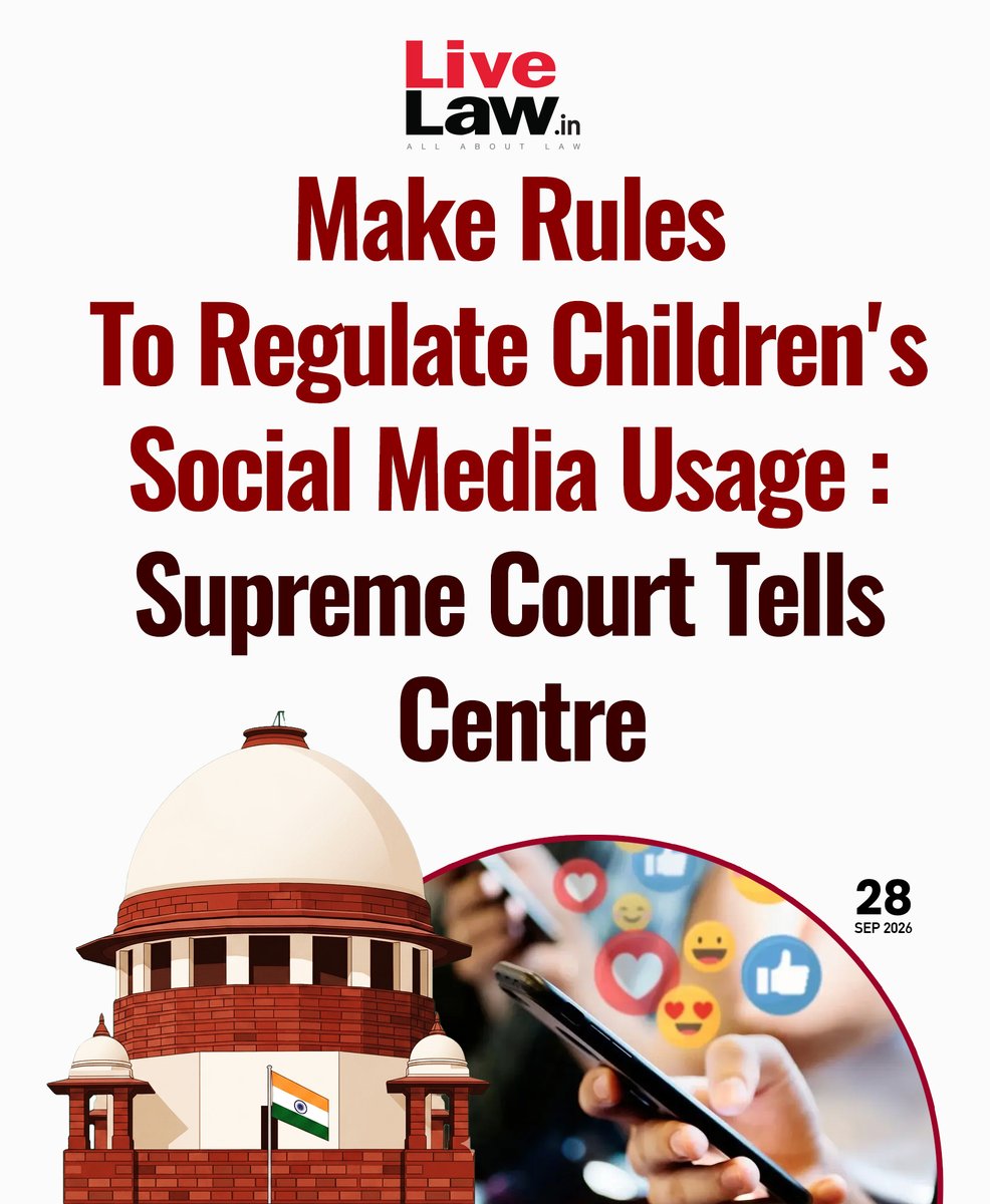 LiveLawIndia's tweet photo. The Supreme Court today expressed serious concerns about minors' access to social media platforms, saying that it will be compelled to pass directions under the Information Technology Act if the government does not address the issue.
Read more: https://t.co/N7c3RRHckV
#SupremeCourt #socialmedia