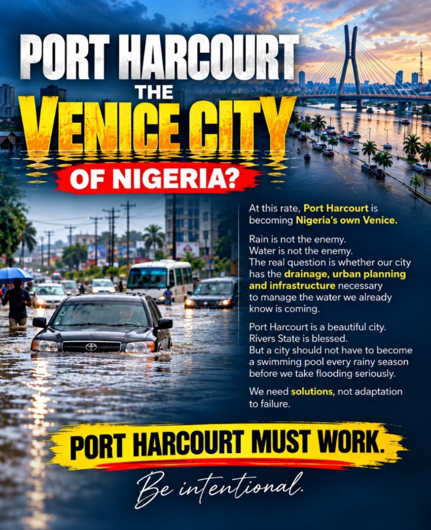 royalchi's tweet photo. PORT HARCOURT: THE VENICE CITY OF NIGERIA? 🌧️🌊

At this rate, Port Harcourt is becoming Nigeria’s own Venice.

But there is one major difference.

Venice turned its relationship with water into an engineering advantage.

Port Harcourt is still struggling to keep water out of our homes, businesses and roads.

Rain is not the enemy.

Water is not the enemy.

The real question is whether our city has the drainage, urban planning, waterways and infrastructure necessary to manage the water we already know is coming.

Port Harcourt is a beautiful city.

Rivers State is blessed.

But a city should not have to become a swimming pool every rainy season before we take flooding seriously.

We need solutions, not adaptation to failure.

We need drainage.

We need proper urban planning.

We need maintained waterways.

We need responsible development.

We need a Port Harcourt that can function whether the sun is shining or the rain is falling.

PORT HARCOURT MUST WORK.

Be intentional.