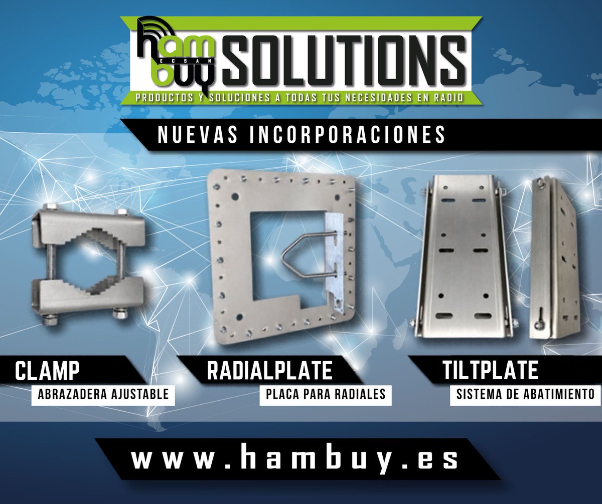 HAMBUY_EC5AN's tweet photo. Ampliamos Hambuy Solutions con nuevos productos:

🔹CLAMP · Abrazadera ajustable
🔹TILTPLATE · Sistema de abatimiento
🔹RADIALPLATE · Placa para hasta 36 radiales
Soluciones prácticas para facilitar tus instalaciones.

Ya disponibles en https://t.co/lY2S7a5qnF

#HambuySolutions https://t.co/SnR5i39JVR