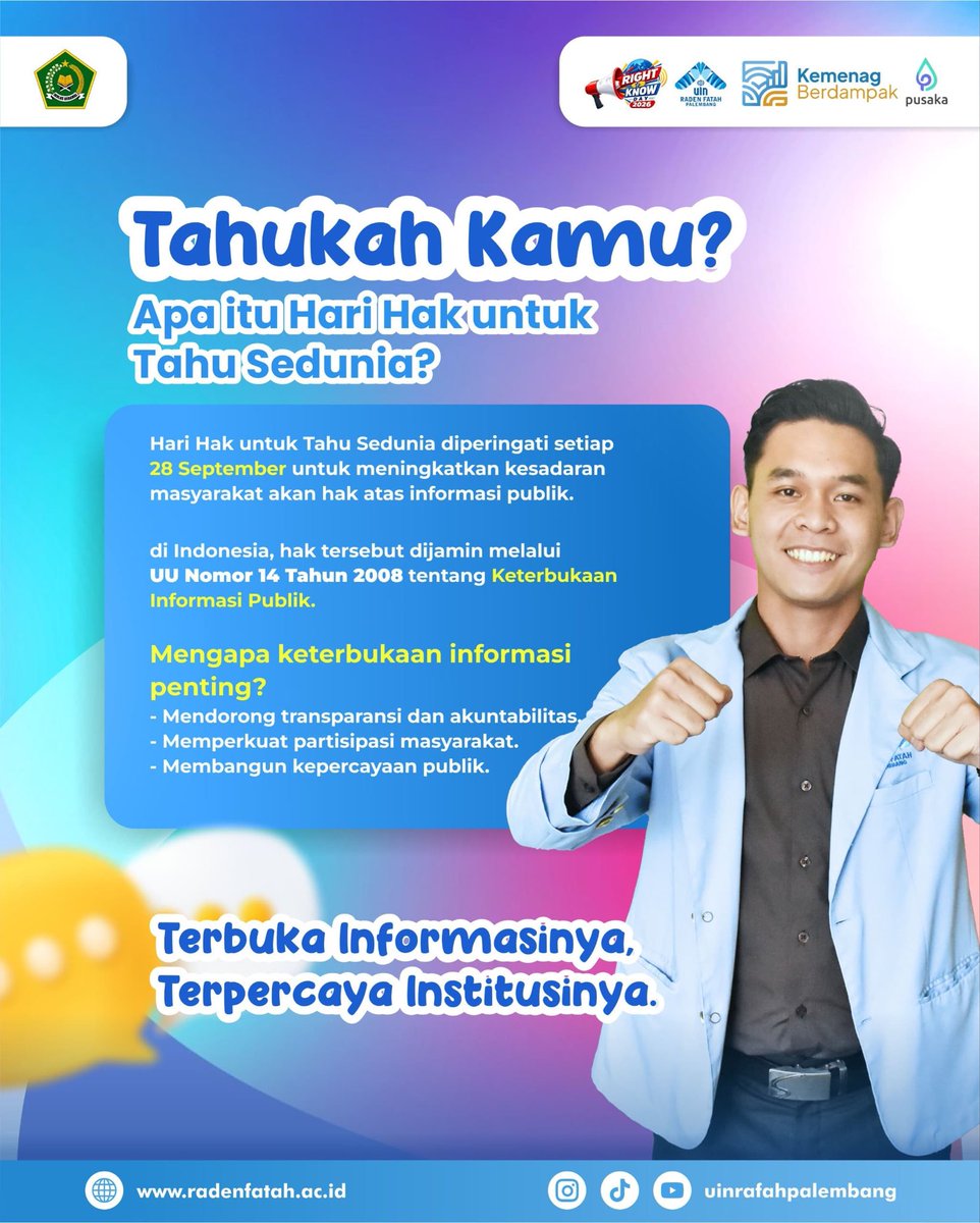 uinrafahplg's tweet photo. SELAMAT MEMPERINGATI HARI HAK UNTUK TAHU SEDUNIA ✨📢
International Right to Know Day, 28 September 2026 @KIPusat
📅 28 September 2026
🌍 International Right to Know Day
#RightToKnowDay2026 #RTKD2026 #HakUntukTahu #KeterbukaanInformasi #InformasiTerbukaPublikBerdaya https://t.co/ni3FuAv1mH