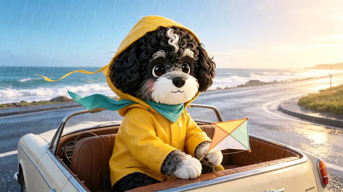 gq199299's tweet photo. 一场说走就走的雨中自驾。🌊

Marvin穿着最亮的黄雨衣，手里握着通往未来的风筝线。

哪怕大雨倾盆，只要方向是对的，���途的风景就都是奖励。

有些路，注定要一个人开着敞篷车走完。
但这只狗，看���来一点也不孤单，反而酷毙了。😎
$Marvin https://t.co/QCVfzhQkl2