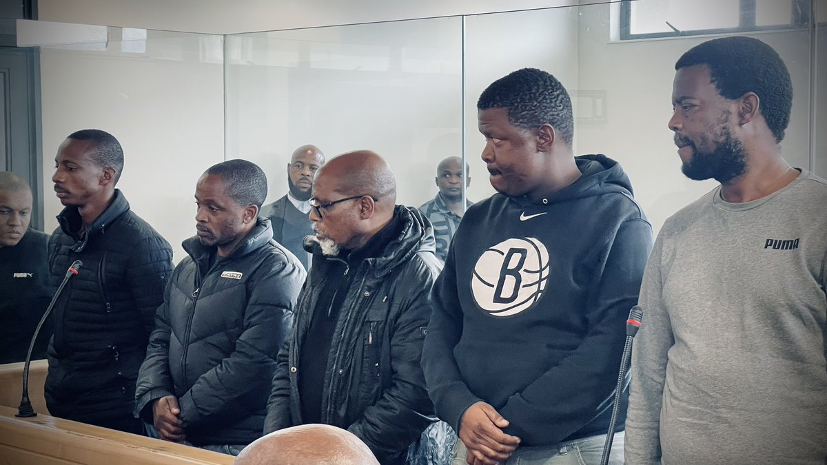 DasenThathiah's tweet photo. These are the men accused of stealing R900 000 in SAPS CI secret service account funds and murdering Captain Louis Nel and Sergeant Mandla Khuzwayo in the process. 

The two CI officers had collected the money in an unmarked vehicle in April. 

Court documents suggest robbery was the motive, which followed careful conspiring and planning among the accused. 

The five men - who are believed to have acted in common purpose - are also facing charges of unlawful possession of firearms and ammunition. 

These are the accused (L-R):

Simangaliso Tembe Address: Amanzimtoti
Age: 39

Mduduzi Ntuthuko Myeza
Address: Pinetown Age: 46

Bongani Trulove Zulu Address: Cowies Hill Age: 61

Wandile Ntuthuko Nyawo Address: Newlands West
Age: 38

Sibusiso Sibisi
Address: Mandeni Age: 46