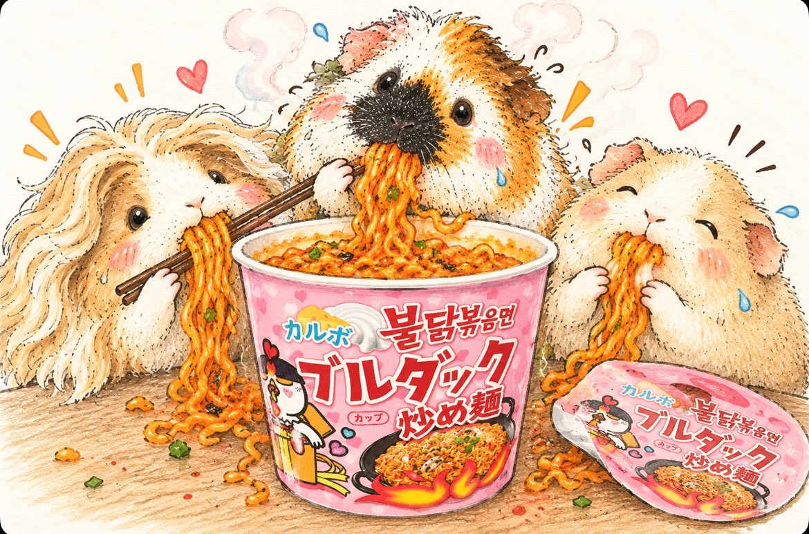 smitomorara's tweet photo. モルたちの夜食、攻めすぎ問題。🌶️🔥

#モルモット #guineapig #モルモットイラスト #イラスト #ブルダック https://t.co/Lak5VopPCI