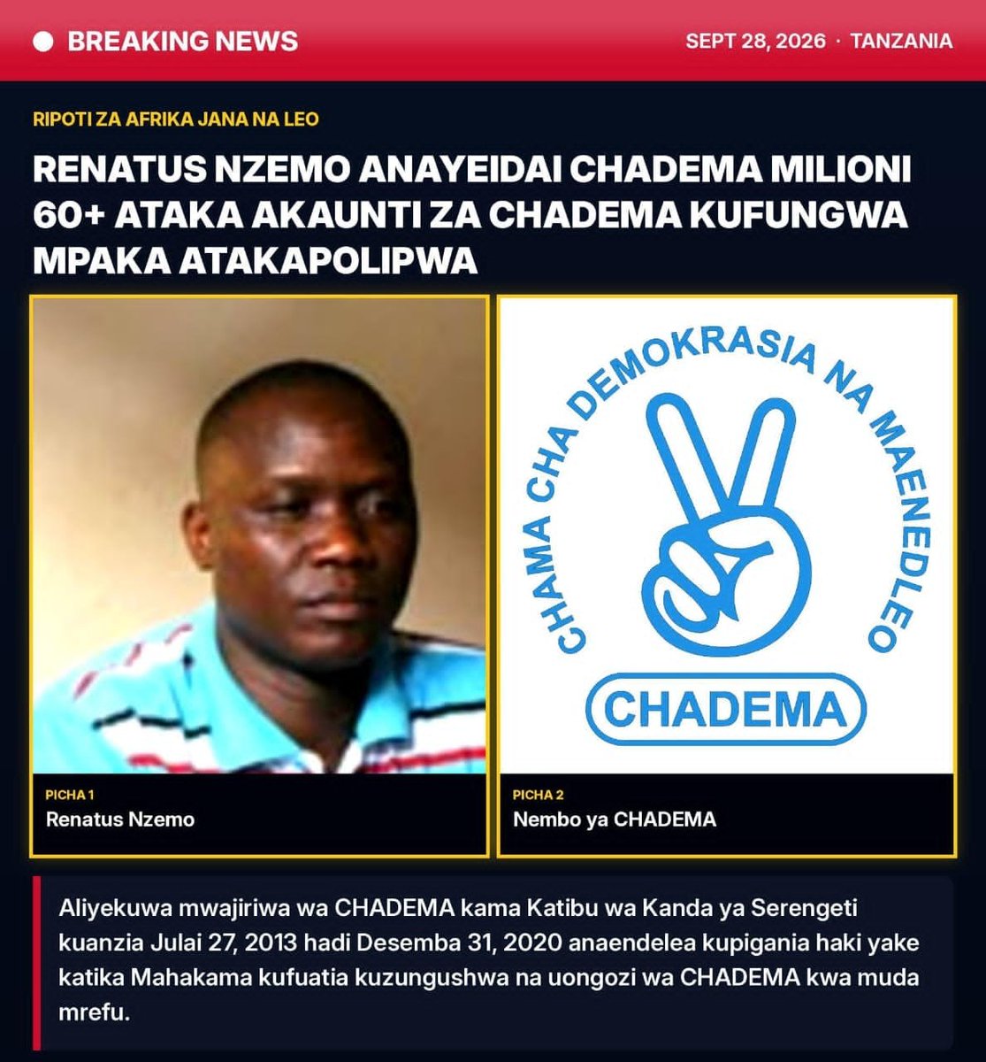 Aduiwayanga's tweet photo. CHADEMA MLIPENI RENATUS FEDHA ZAKE

Aliyekuwa mwajiriwa wa CHADEMA kama Katibu wa Kanda ya Serengeti kuanzia Julai 27, 2013 hadi Desemba 31, 2020 anaendelea kupigania haki yake katika Mahakama kufuatia kuzungushwa na uongozi wa CHADEMA kwa muda mrefu, huenda Nzemo akalipwa fedha zake baada ya kutumia nguvu ya kisheria kudai haki yake.