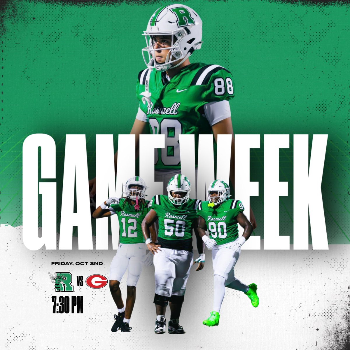Roswell_FB's tweet photo. It’s GAME WEEK! 

Join #Team77 this Friday at #TheNEST as YOUR Hornets take on Gainesville!

🗓️ Friday, October 2nd
⏰ 7:30 PM
📍Ray Manus Stadium, Roswell High School

#ELITE
#RoswellStrong https://t.co/UMzBm9DRDr