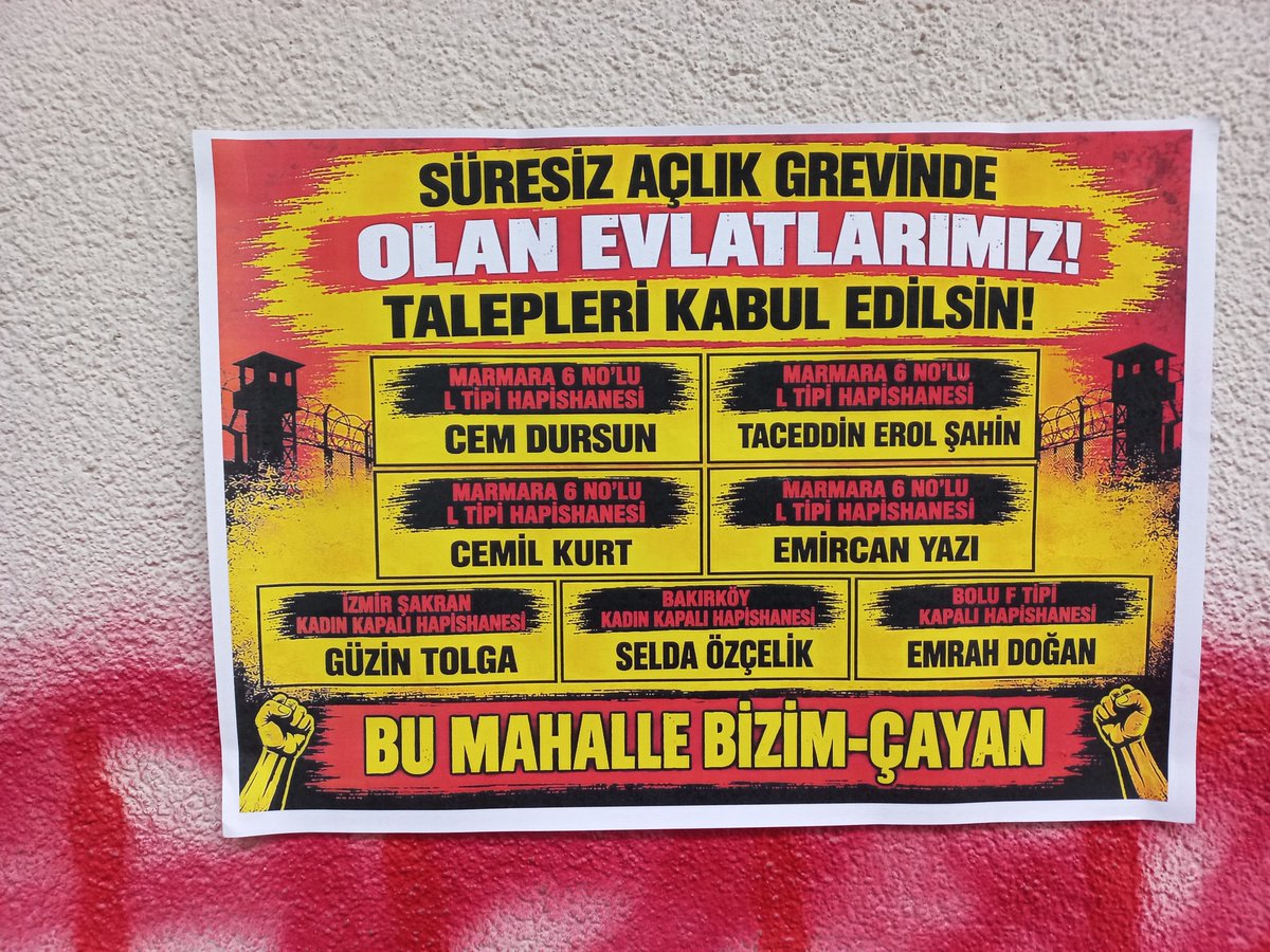 bizimcayan's tweet photo. BU MAHALLE BİZİM-ÇAYAN 
Süresiz açlık grevinde olan evlatlarımız talepleri kabul edilsin! @4tayadliaileler @Okmburasi @sarigazi3698 @halknsesi26 @KrKalem_1994 @yildizmodatoly8 https://t.co/jXhR1XNB3J