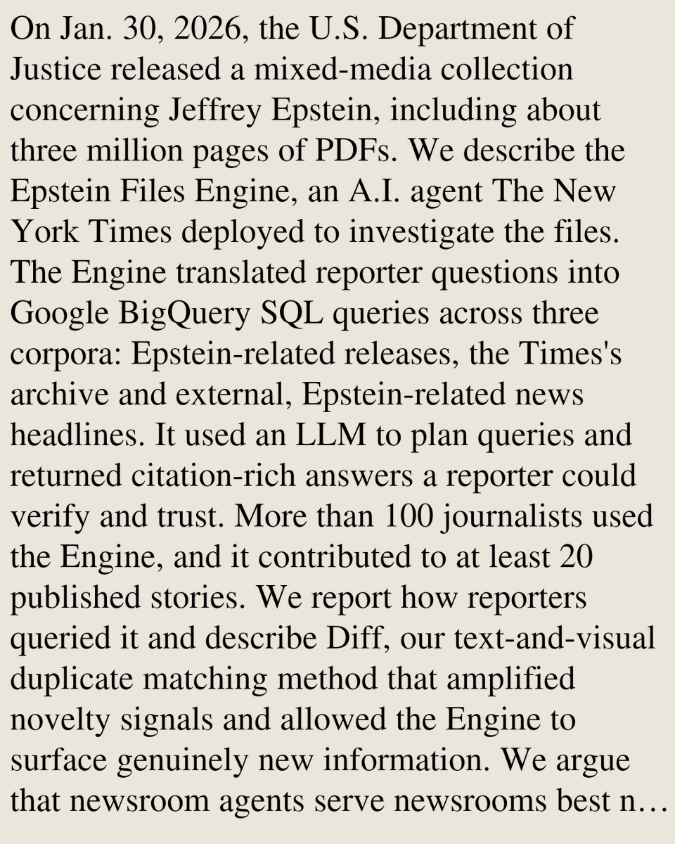 Smartphones's tweet photo. Epstein Files Engine: Agentic Search for Investigative Journalism

Duy K. Nguyen, Teresa Mondría Terol, Dylan Freedman, Zach Seward
https://t.co/8XeAH95v9V [𝚌𝚜.𝙷𝙲 𝚌𝚜.𝙲𝙻 𝚌𝚜.𝙲𝚈 𝚌𝚜.𝙸𝚁] https://t.co/7AVAqcrhkT