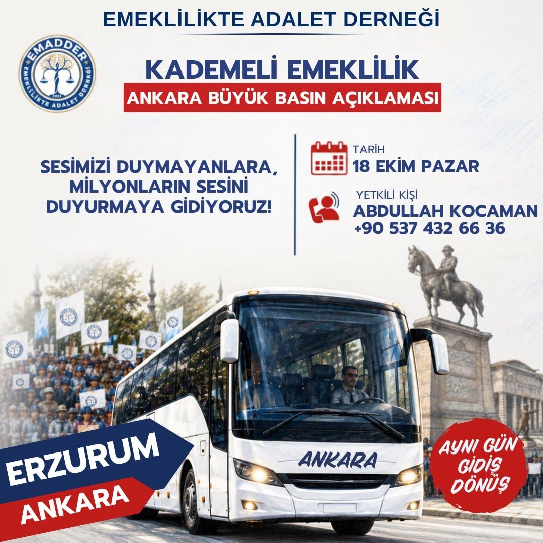 EmadDernegi's tweet photo. 🟥 ERZURUM, HAZIR MISIN?

HAKLI MÜCADELEMİZ İÇİN ANKARA’DA BULUŞUYORUZ!

📅 18 EKİM PAZAR
📍 ULUS ATATÜRK ANITI – ANKARA
⏰ 14:00

Kademeli emeklilik mücadelemize sahip çıkmak,
“Ben de bu haklı mücadelede varım!” diyorsan sen de yerini al!

Erzurum’dan Ankara’ya…
Hak ve adalet için hep birlikte, omuz omuza!

📞 İletişim Bilgileri:
Abdullah Kocaman
0 537 432 66 36

📲 WhatsApp:
https://t.co/k5QIx2LKEe

Emeklilikte Adalet Derneği

@EmadDernegi
#Erzurum
#KademeliEmeklilik
#KademeYasalaşsın