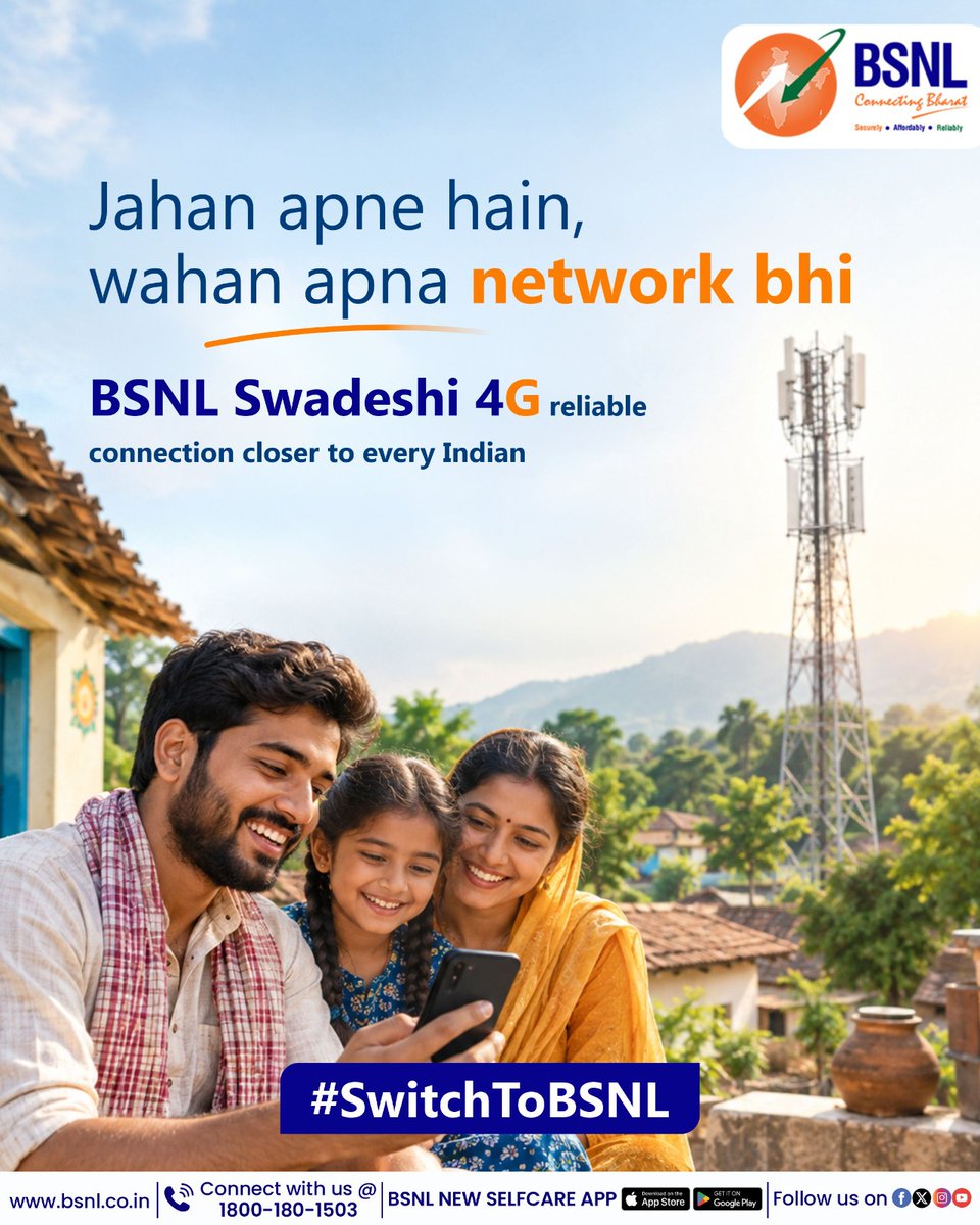 BSNLCorporate's tweet photo. BSNL Swadeshi 4G is helping bring high-speed connectivity closer to more people.

#BSNLIndia #BSNLDedicatedInternet #DedicatedInternet #BusinessConnectivity #ReliableConnectivity #BusinessGrowth #DigitalIndia #HamaraBsnl @CMDBSNL @robertravi21 https://t.co/OQ27nQNDfL