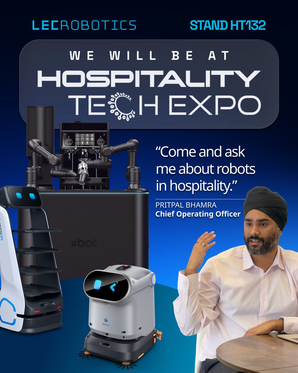 lecrobotics's tweet photo. Tuesday and Wednesday at #HOSPOTECH2026: ask our Chief Operating Officer Pritpal Bhamra about robots in hospitality. Stand HT132, ExCeL. 

Free robot-made coffee too. 

Book a meeting: https://t.co/M9YIDMsRA1 @hospotechuk https://t.co/aAfBvOkWkM