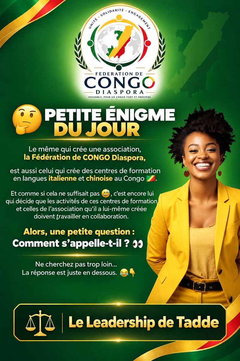 FediCongo_'s tweet photo. 🤔 Petite énigme du jour !

Certains créent des projets… d’autres construisent tout un écosystème. 😅

#LeLeadershipDeTadde
#FederationDeCongoDiaspora
#Congo https://t.co/rCQao17BES