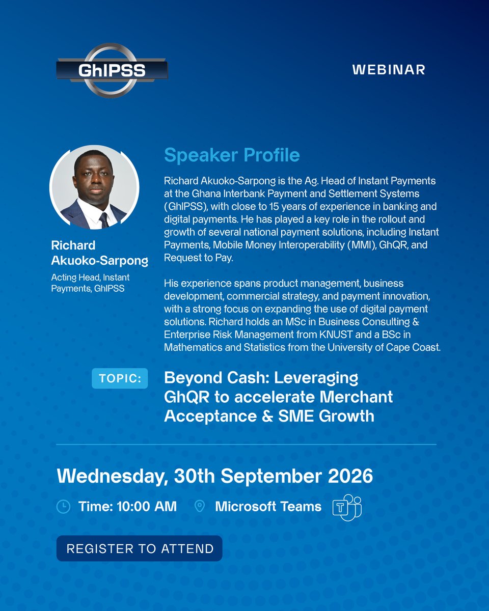 ghipss_official's tweet photo. Meet Richard Akuoko-Sarpong, Acting Head of Instant Payments at GhIPSS.

On 30 September, he takes us through the GhQR journey so far, merchant and SME adoption, lessons from the rollout, and what comes next for GhQR. 

Don't miss it: https://t.co/TA4lmElhuM

#GhIPSS #enabler https://t.co/NxDukRm7BP