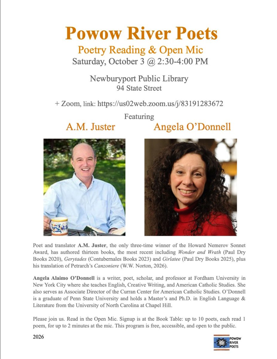 AODonnellAngela's tweet photo. I'm happy to be reading from my recent poetry collections THE VIEW FROM CHILDHOOD and DEAR DANTE with the Powow River Poets this Saturday, 10/2, along with marvelous poet &amp; translator @amjuster Join us live or online for an afternoon of poetry by Petrarch, Dante, Mike, and me. https://t.co/vFiyHXwkZh