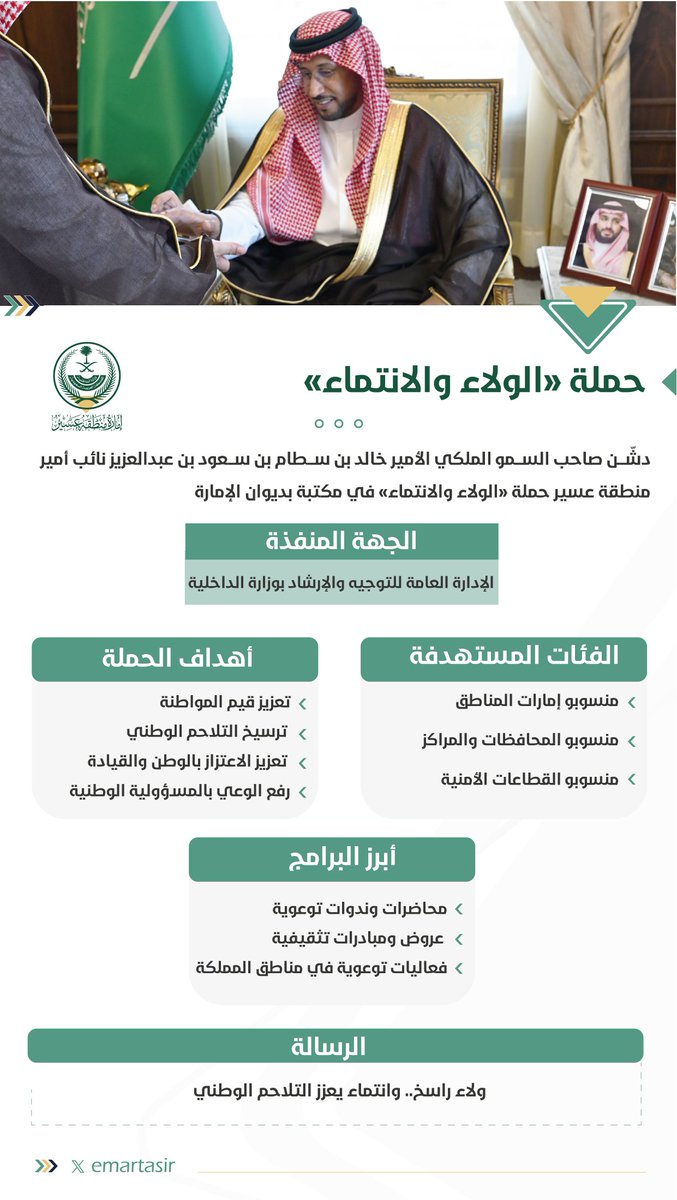 emartasir's tweet photo. بالتزامن مع إطلاقها في إمارات المناطق: 

الأمير #خالد_بن_سطام نائب أمير منطقة عسير، يدشن حملة "الولاء والانتماء" التي تنفذها الإدارة العامة للتوجيه والإرشاد بوزارة الداخلية، وتهدف إلى تعزيز قيم المواطنة والتلاحم الوطني، وترسيخ الاعتزاز بالوطن والقيادة، ورفع الوعي بالمسؤولية الوطنية.
