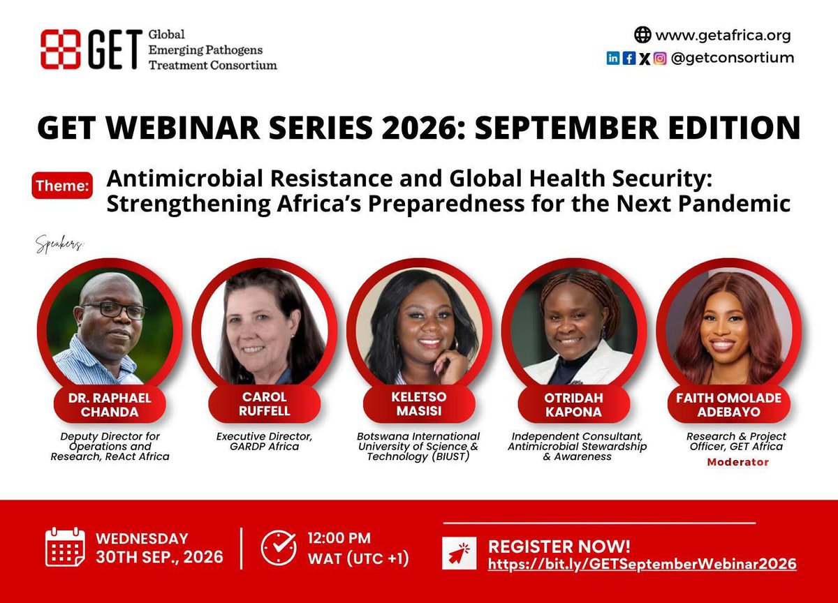 GETConsortium's tweet photo. 🔺 2 DAYS TO GO | GET SEPTEMBER WEBINAR 2026

In just 2 days, GET brings together experts to explore the #AMR challenge and practical pathways for strengthening Africa’s response. 

📅 30 September 2026
⏰ 12:00 PM WAT (UTC+1)

🔗 Register: https://t.co/JsSK9McOA7

#GETWebinar https://t.co/aZcNaEtPRP
