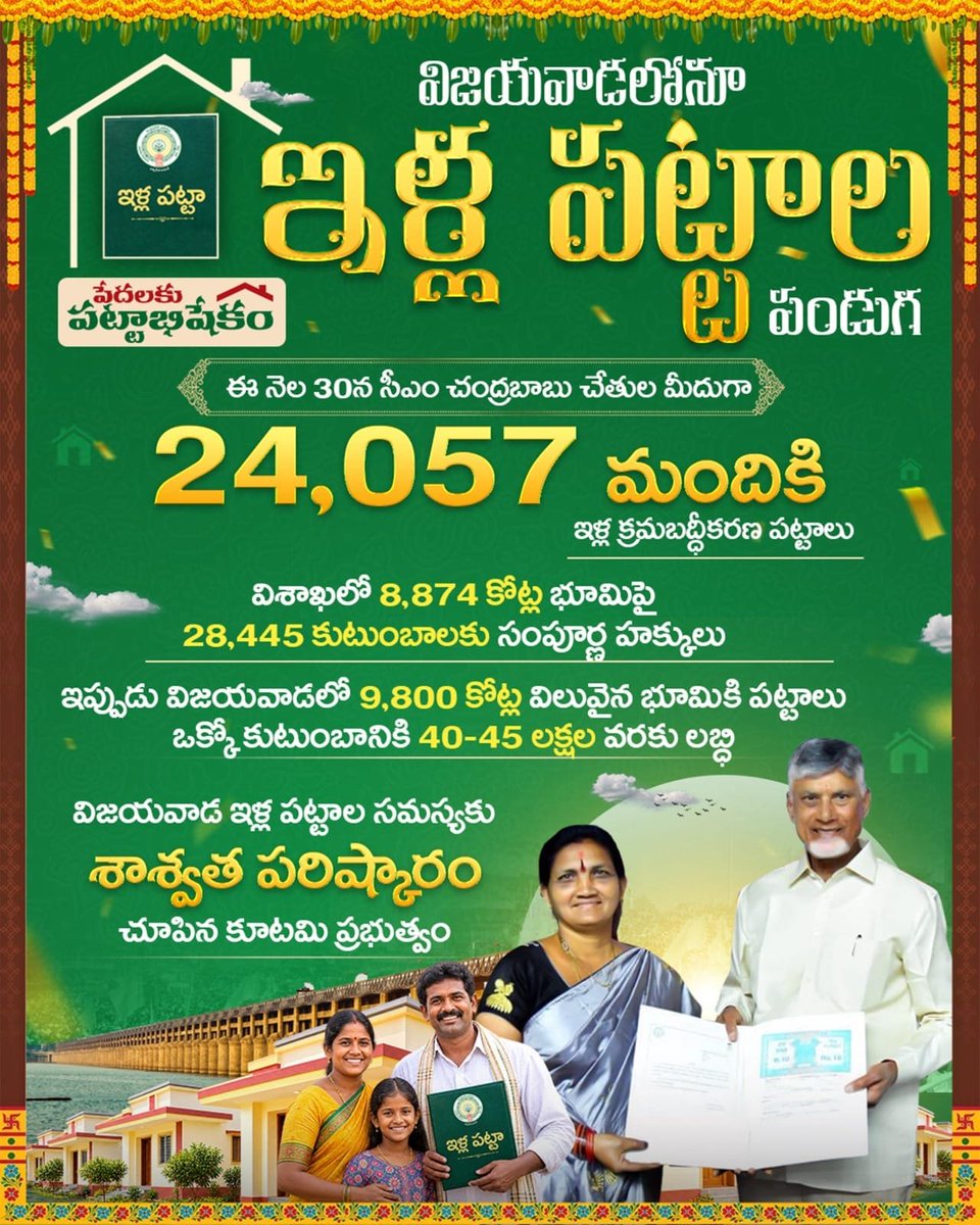 apkbpwdc's tweet photo. విశాఖలో ఇళ్ల పట్టాల పండగ సందడి కొనసాగుతుండగానే.. విజయవాడలోనూ పేదలకు ఇళ్ల పట్టాభిషేకం కార్యక్రమానికి సర్వం సిద్ధమైంది. 24,057 మం��ికి రూ.9800 కోట్ల విలువైన ఇళ్ల క్రమబద్దీకరణ పట్టాలను సీఎం అందించనున్నారు.
#PedalakuPattabhishekam
#MeeilluMeeHakku
#IdhiManchiPrabhutvam
#Chandraba https://t.co/Wtr1pG3YKQ