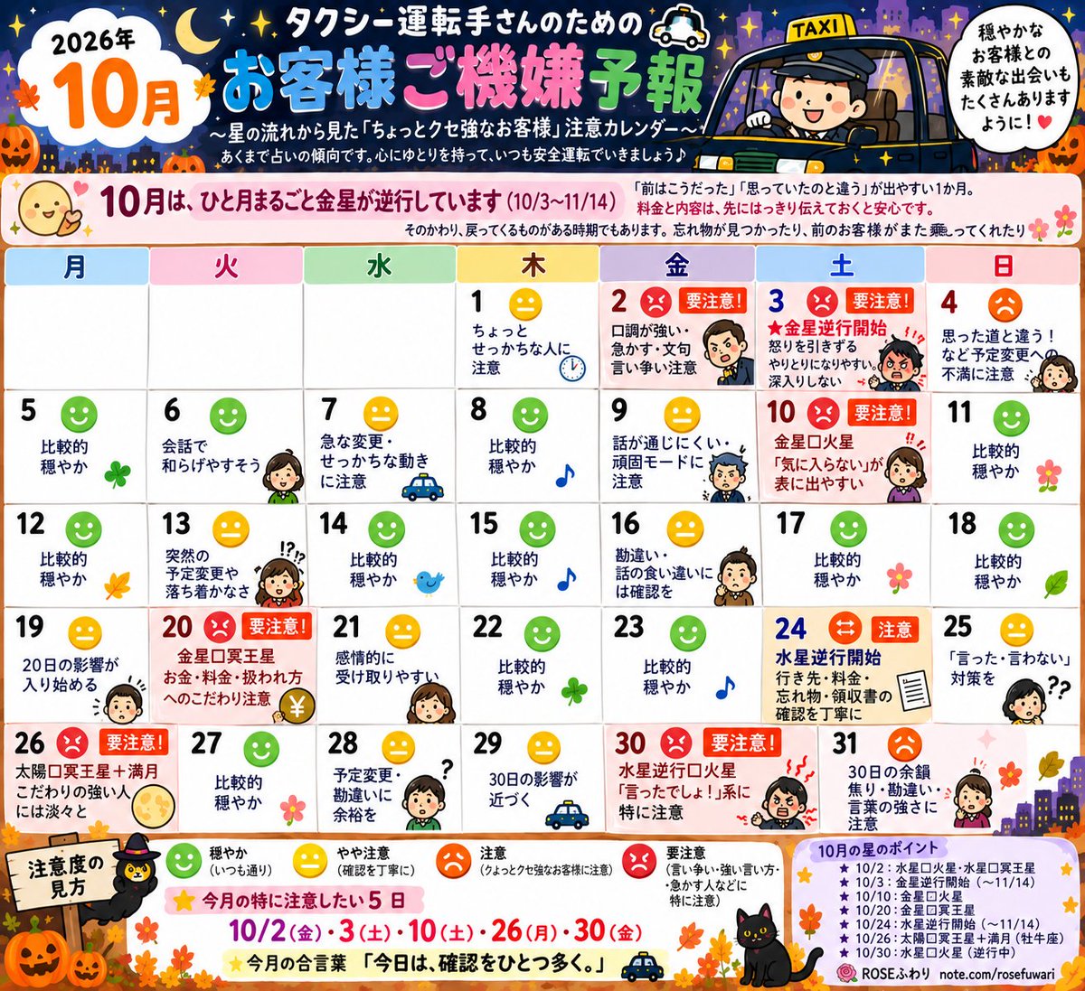 rosefuwari's tweet photo. タクシー運転手の知人が
「イライラしたお客様にあたるのは、だいたい満月」
と言っていたので、10月の「お客様予報カレンダー」を作りました。

よかったら使ってください🌹

https://t.co/UV01nM3MOv

#タクシードライバー #満月 https://t.co/ImjqbgBNr4