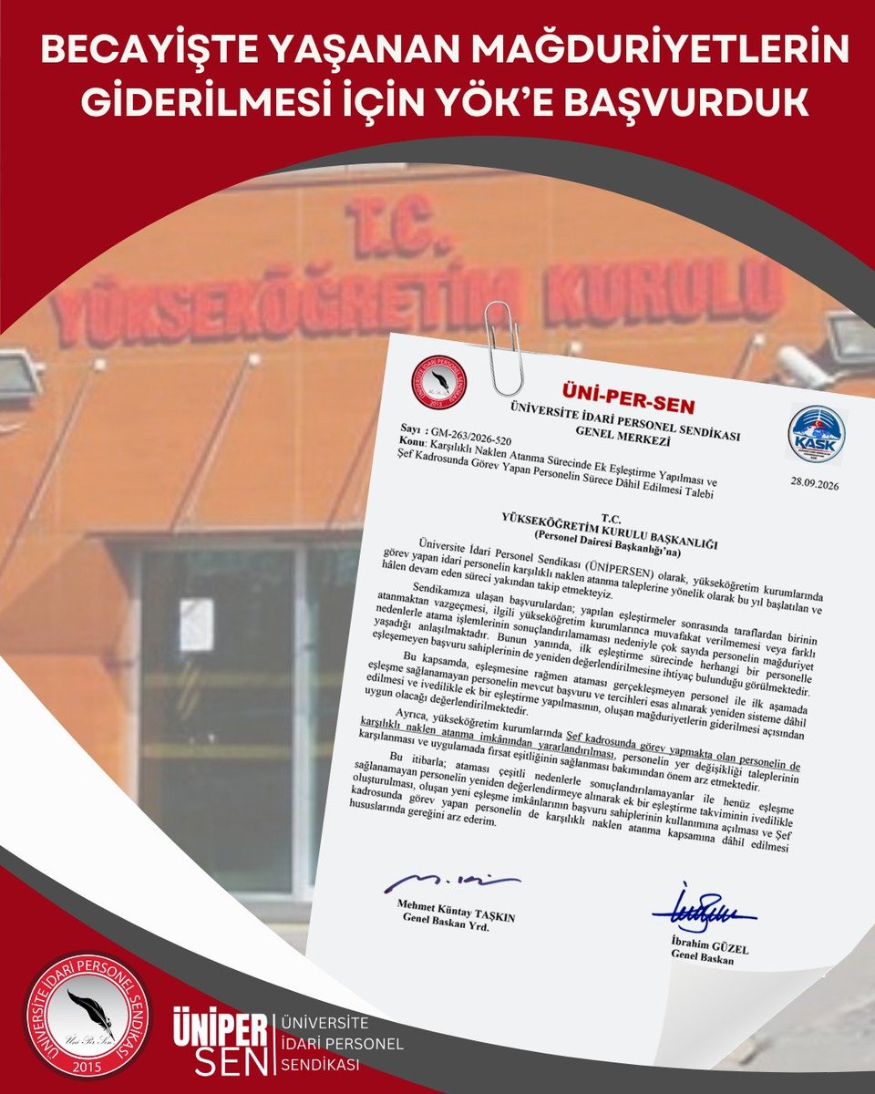 erdemyalcin38's tweet photo. BECAYİŞTE YAŞANAN MAĞDURİYETLERİN GİDERİLMESİ İÇİN YÖK’E BAŞVURDUK

Yükseköğretim kurumlarında görev yapan idari personelin yıllardır beklediği karşılıklı naklen atanma sürecinin her aşamasını yakından takip ediyoruz. Başvuruların alınmasından eşleştirme sonuçlarının açıklanmasına kadar geçen süreçte taleplerinizi ve karşılaştığınız sorunları ilgili kurumlara ilettik. Eşleşme sonrasında ortaya çıkan mağduriyetler için de tekrar Yükseköğretim Kuruluna resmî başvuruda bulunduk.

Sendikamıza ulaşan başvurular, eşleşmenin yapılmış olmasının her personel için atamayla sonuçlanmadığını gösteriyor. Eşleşen taraflardan birinin atanmaktan vazgeçmesi, ilgili üniversitelerce muvafakat verilmemesi veya işlemin farklı nedenlerle tamamlanamaması sebebiyle nakil bekleyen personel yeniden belirsizlikle karşı karşıya kalıyor. Özellikle karşı tarafın vazgeçmesi nedeniyle, kendi kusuru bulunmadığı hâlde ataması gerçekleşmeyen arkadaşlarımızın süreç dışında bırakılması kabul edilemez.

YÖK’e gönderdiğimiz yazıda, ataması sonuçlanmayan personelin mevcut başvuru ve tercihleri esas alınarak yeniden eşleştirmeye dâhil edilmesini talep ettik. Ayrıca bu personel ile ilk aşamada eşleşme sağlanamayan başvuru sahiplerini kapsayan yeni bir eşleştirmenin ivedilikle yapılması gerektiğini bildirdik.

Başvurumuzda, şef kadrosunda görev yapan personelin de karşılıklı naklen atanma kapsamına alınması talebimize ayrıca yer verdik. Şef kadrosundaki arkadaşlarımızın yer değişikliği ihtiyaçlarının değerlendirilmesini ve bu imkândan yararlanabilmeleri için gerekli adımların atılmasını istedik.

Teknik Hizmetler Sınıfında görev yapan arkadaşlarımızın eşleşme sorunu da göz ardı edilemez. Unvan, kadro ve eğitim alanı farklılıkları nedeniyle tercih ettikleri yerlere eşleşemeyen personelin durumu ayrıca değerlendirilmelidir. Teknik personelin yer değişikliği ihtiyacına karşılık verecek, görevlerin gerektirdiği nitelikleri gözeten uygulanabilir eşleştirme seçenekleri oluşturulmasını ve eşleşemeyenlerin yeniden yapılacak değerlendirmeye dâhil edilmesini talep ediyoruz. 

Karşılıklı naklen atanma sürecinin yalnızca eşleştirme listelerinin yayımlanmasıyla tamamlanmadığının farkındayız. Asıl önemli olan, başvuruların atamayla sonuçlanabilmesi ve çeşitli nedenlerle sonuçlanmayan işlemler için personele yeniden değerlendirme imkânı tanınmasıdır.

Becayiş, üniversite idari personelinin tayin ve nakil sorununa kalıcı çözüm değildir. Bir kamu görevlisinin ailesine kavuşması, sağlık koşullarına uygun bir yerde yaşaması ya da hayatını yeniden kurması, karşılıklı yer değiştirebileceği birini bulmasına ve eşleşmenin son aşamaya kadar bozulmamasına bağlı bırakılamaz.
Üniversite idari personeli için objektif ölçütlere ve hizmet puanına dayalı bir tayin ve nakil yönetmeliği çıkarılmalıdır. Bugün eşleşmesi sonuçlanmayan, hiç eşleşemeyen veya mevcut koşullar nedeniyle sürece dâhil olamayan arkadaşlarımız için verdiğimiz mücadele, bu kalıcı talebimizin bir parçasıdır.

Bu hak, idari personelin ortak sesi ve kararlı mücadelesiyle kazanılacaktır. Sesimiz büyüdükçe talebimiz daha güçlü duyulacak. ÜNİPERSEN olarak hiçbir arkadaşımızı tayin belirsizliğiyle baş başa bırakmayacak, puana dayalı tayin ve nakil hakkı güvence altına alınana kadar mücadelemizi sürdüreceğiz.