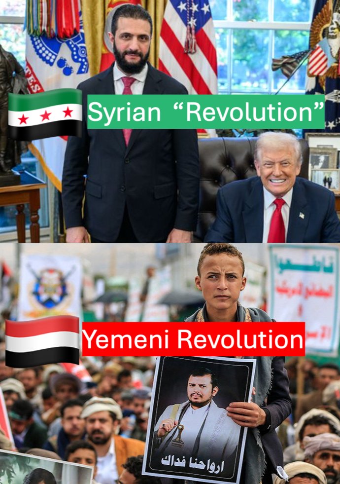 ZackOzbro's tweet photo. 🇸🇾 🇾🇪 There's no greater contrast between REAL and FAKE revolution than the contrast between Ansarullah in Yemen and al-Qaeda in Syria.

In Yemen, the revolutionaries never took up arms against the state, the state took up arms against them by killing Hussein al-Houthi because they hated his speeches against the US and Israel. 

In Syria, the "revolutionaries" went straight to insurgency in March 2011 with very little politics in between, and with significant foreign support in terms of weapons, salaries, foreign fighters, and sanctions. 

In Yemen, the state launched wars against the revolutionaries because their message was gaining in popularity, which only made them more popular, to the point where around 70% of the Yemeni state and army accepted Ansarullah's bloodless march on Sana'a. 

In Syria, the "revolutionaries" waged war against the Syrian state for 13 years, sending ~240k Syrian men into the meat-grinder on both sides, and received weapons, funding, foreign fighters, and sanctions on Syria al-Assad to help them do it. 

In Yemen, Ansarullah's justification for taking power in Sep 2014 was that Hadi was committed to giving 14% of the population (all Sunnis) something like 90% of the natural resources, which would deprive the majority of Yemenis; and also that Hadi cut fuel subsidies. 

In Syria, al-Qaeda never articulated a coherent national or class interest case against Assad's govt. Their justification for waging war against the state was the accusation that Assad is an Alawite and therefore an apostate because Alawites believe Ali equals God or something - obscurantist 'takhaluf' basically. 

In Yemen, most of the death-toll came from the attempts of the US-GCC coalition to reverse the gains of the revolution by starving Yemen with a blockade. As a result, 377k Yemenis were killed from 2015 to '21 - 70% children under five according to the UN. 

In Syria, most of the death-toll came from the war against Assad's government - 600k Syrians killed, but maybe 89% of them were armed combatants on both sides - if you assume adult male non-combatants equals the number of adult female non-combatants.

In Yemen, people living under the rule of the revolutionaries were starved by the US-GCC coalition, whereas in Syria, people living under the rule of the government were starved by sanctions intended to aid the "revolutionaries" - which they did. 

In Syria, the "revolutionary" war by al-Qaeda against the Assad's government severely degraded and weakened the Syrian state and army. 

By 2011, Syria had 600k soldiers, dense air defences, chemical weapons, and a nascent nuclear program. Today Syria has probably 80k militia at best, no air defences, no missiles, no chemical weapons, no nuclear program, no conscription, and cannot recruit Alawites or Druze. 

In Yemen, Ansarullah strengthened Yemen's military capabilities, pioneered drone warfare, then took direct action for Palestine against Israel.