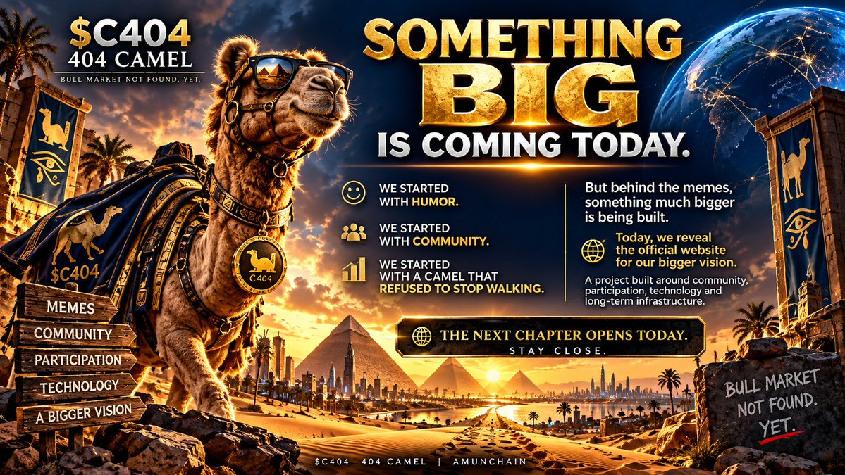 C404Camel's tweet photo. 🚨 SOMETHING BIG IS COMING TODAY.
404 CAMEL started with humor, memes and community. 🐪🔥
But the journey is growing into something much bigger.
Today we reveal the official website for our bigger vision.
THE NEXT CHAPTER OPENS TODAY.
#C404 #404CAMEL #AmunChain https://t.co/oGJ31OVGLo