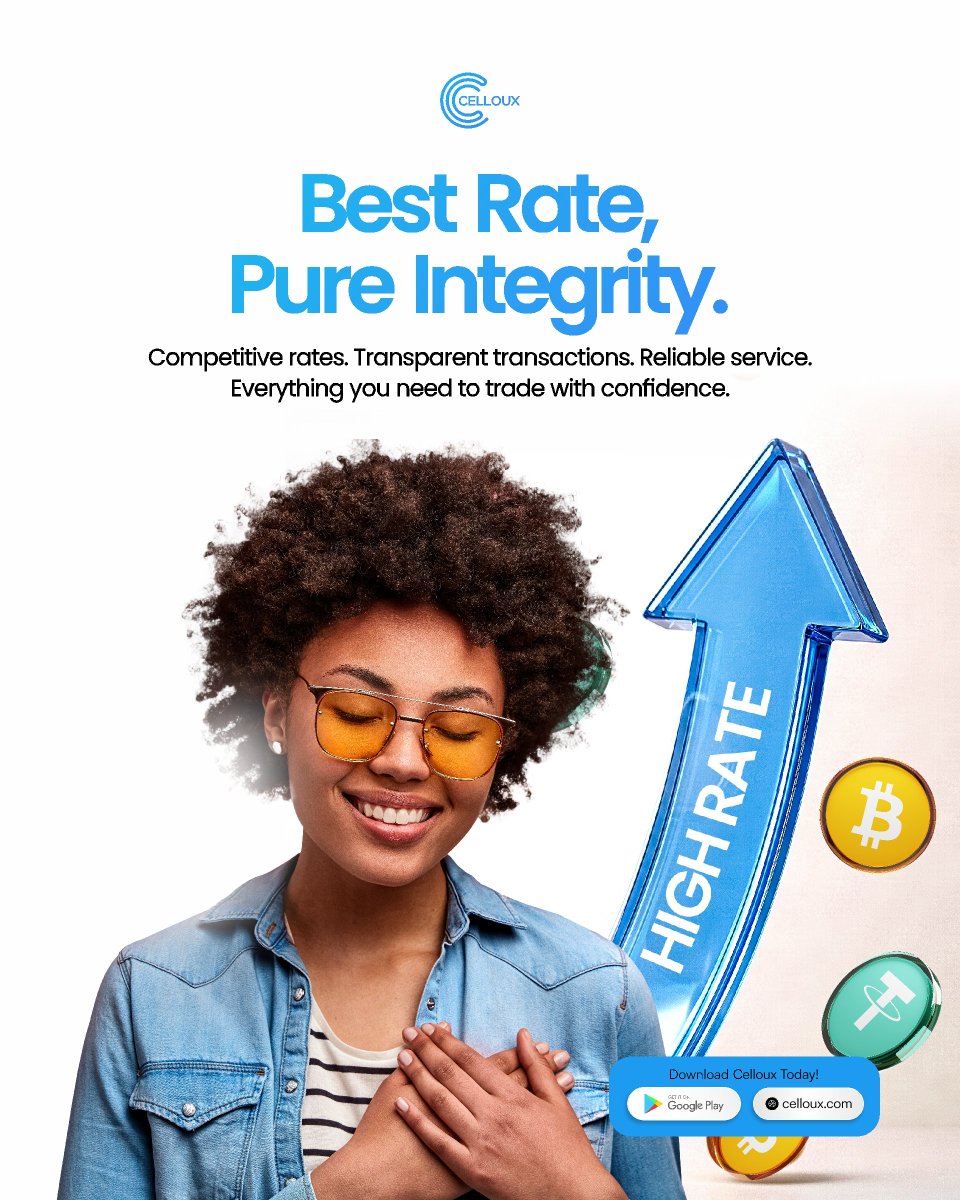 Celloux_Digitaz's tweet photo. Sell your crypto on Celloux and stop choosing between a good rate and a trustworthy platform. You can have both. Trade with confidence.
#Celloux #BestRatePureIntegrity #SellBTC #USDT #CryptoNaija https://t.co/wx3200XDgZ