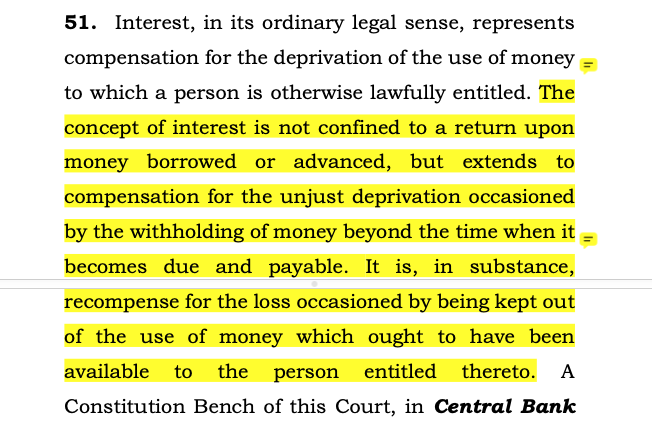 CiteCase's tweet photo. #SupremeCourt defines concept of "interest", says it is not confined to a return upon money borrowed or advanced, but extends to compensation for the unjust deprivation occasioned by the withholding of money beyond the time when it becomes due and payable. https://t.co/8iidH9G1JK