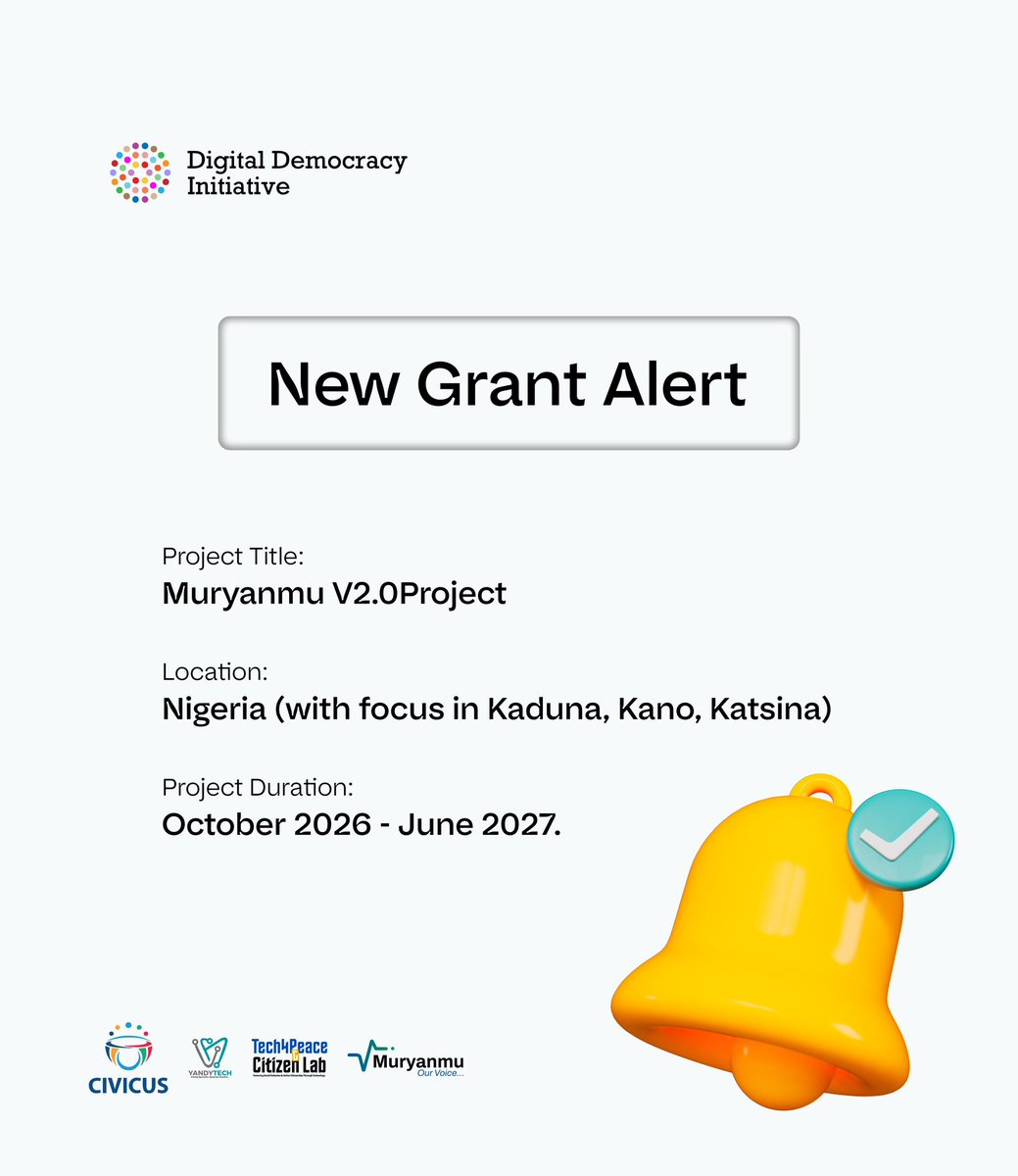 YandyTech's tweet photo. NEW GRANT ALERT! 

We’re excited to announce that Muryanmu V2.0 project has received grant support from @CIVICUSalliance 

Running from October 2026 to June 2027, this next phase will build on Muryanmu’s work to make civic and electoral information more accessible, understandable, and actionable for citizens.

Through this new support, we’ll be refurbishing and strengthening the Muryanmu platform, improving features such as verified election information, polling-unit information, voter education, civic guidance, electoral safety insights, multilingual access, and MurBot. The goal is to make the platform more user-friendly, accessible, effective, and responsive to the needs of the communities it serves.

With a focus on Kaduna, Kano, and Katsina, Muryanmu V2.0 is about taking citizen engagement to the next level—strengthening the digital tools people can use to access reliable information, find their voice, and participate meaningfully in civic life. 

We’re grateful to @CIVICUSalliance for supporting this next chapter of Muryanmu, and we can’t wait to get to work. 

Muryanmu V2.0 — Your Voice. Your Power. Your Vote

#MuryanmuV2 #CIVICUS #DigitalDemocracyInitiative #YandyTech #T4PCLab