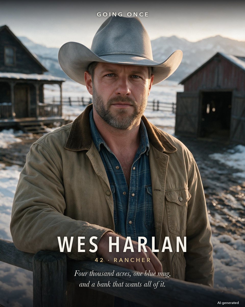 ClosedSet92's tweet photo. Meet the men of GOING ONCE.

Wes Harlan, 42. Four thousand acres, one blue mug, and a bank that wants all of it.

Miles Sutton, 30. Counts things for people who own things. Tomorrow, he's counting Wes's cows.

#gayromance https://t.co/CAR8or5zWp