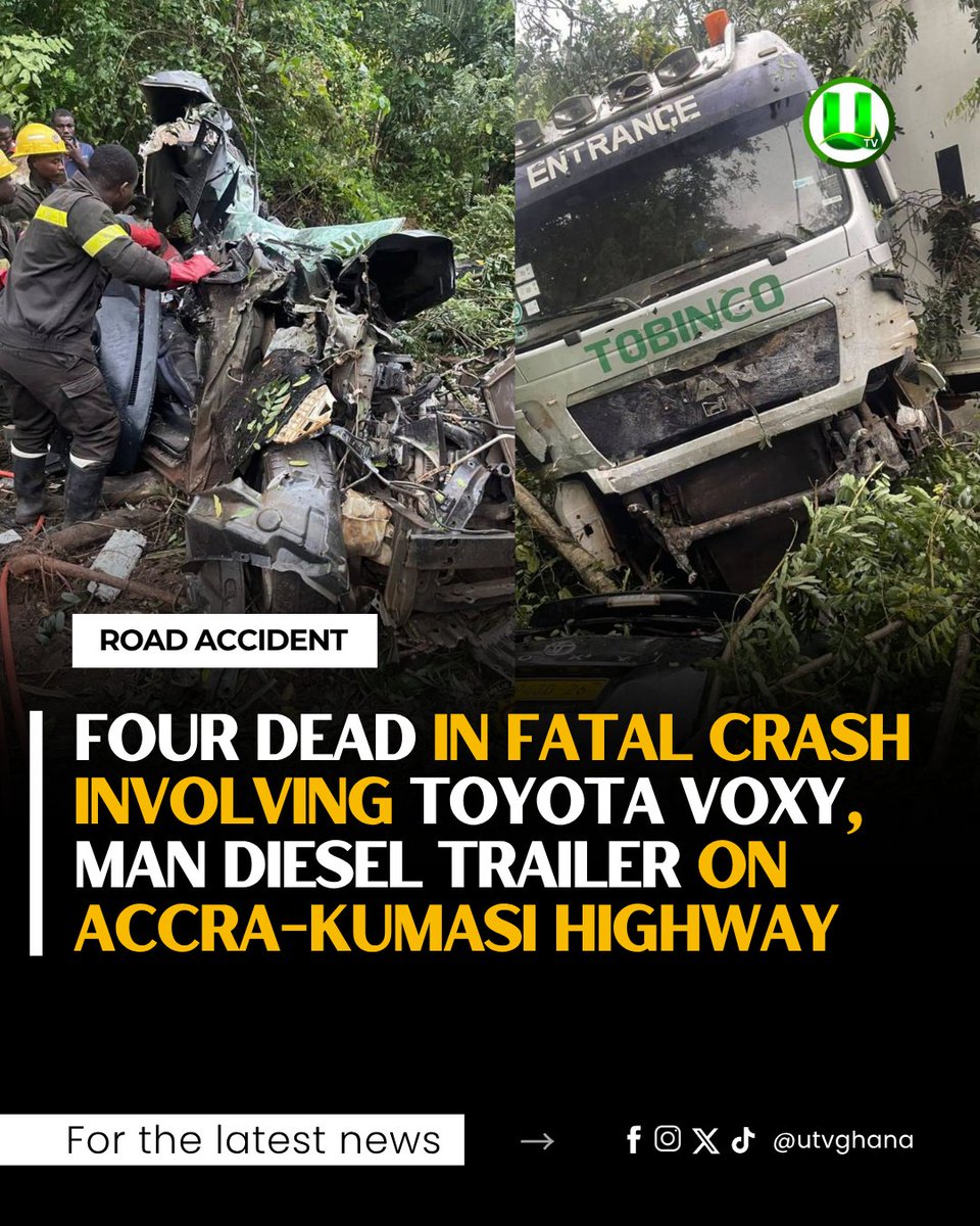 utvghana's tweet photo. Four people, including three males and one female, have died in a road crash involving a Toyota Voxy and a MAN diesel trailer at Anyinasin Junction on the Accra-Kumasi Highway.

One other victim was rescued and rushed to the Kibi Government Hospital for medical attention.

#UTVGhana