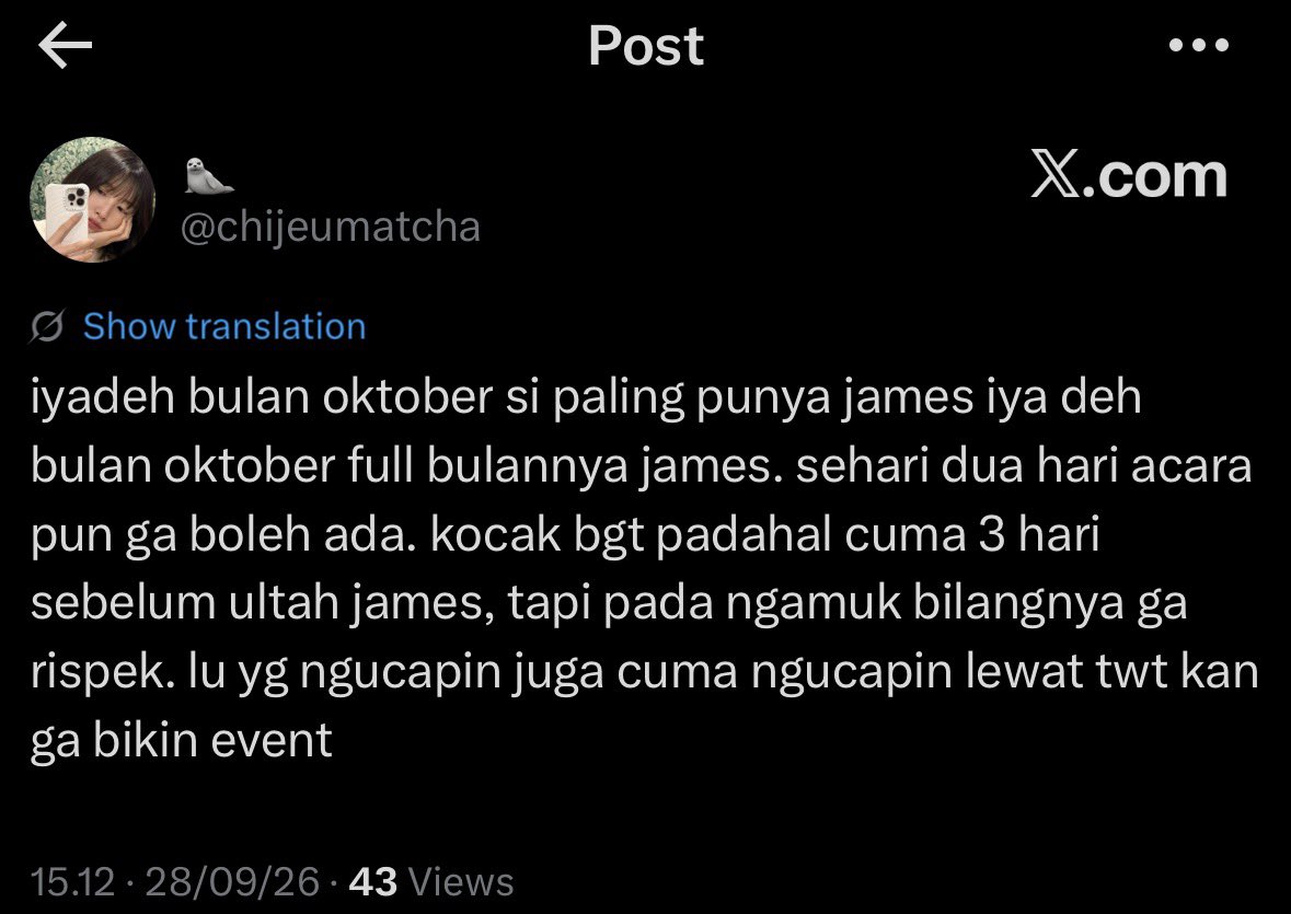 jjamiejams's tweet photo. WKWKWK anjing juga lu @chijeumatcha, lah jelas emang bulan okt buat james, ya karna dia ultah di bulan itu, sampe sini mikir ga? eh gmn ya mbak, dimana mana dan disetiap fd itu tuh emang aturan yang ga tertulis ya nyet buat ga bikin event di bulan yg membernya ulang tahun, terus lu masih mikir dimana letak disrespect nya? bisa mikir gasih lu? respect is literally the bare minimum ajg.

OH ANW, maaf ya kita ga merasa TERSAINGI sama siapapun wkwk.