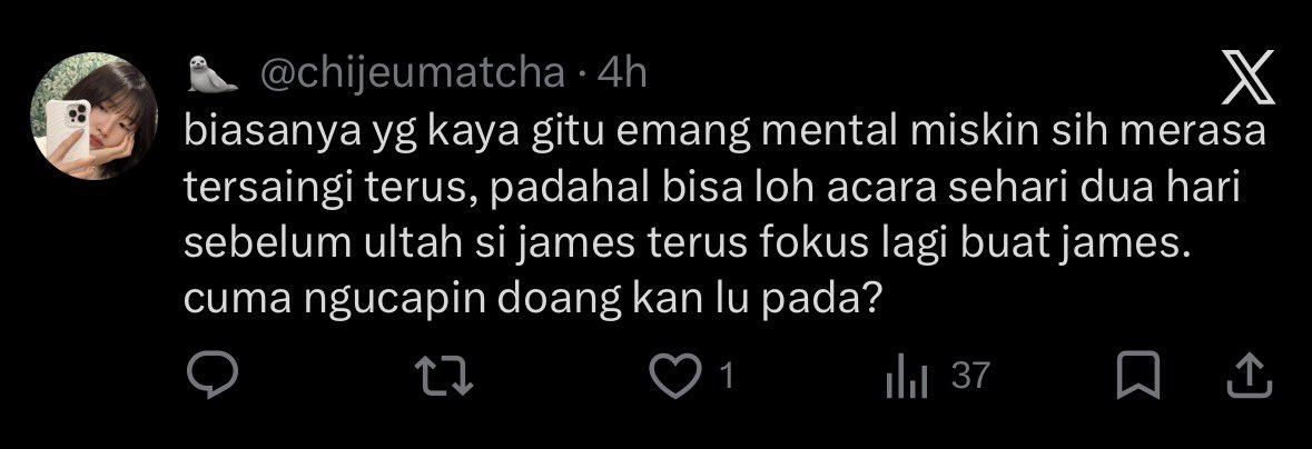 jjamiejams's tweet photo. WKWKWK anjing juga lu @chijeumatcha, lah jelas emang bulan okt buat james, ya karna dia ultah di bulan itu, sampe sini mikir ga? eh gmn ya mbak, dimana mana dan disetiap fd itu tuh emang aturan yang ga tertulis ya nyet buat ga bikin event di bulan yg membernya ulang tahun, terus lu masih mikir dimana letak disrespect nya? bisa mikir gasih lu? respect is literally the bare minimum ajg.

OH ANW, maaf ya kita ga merasa TERSAINGI sama siapapun wkwk.
