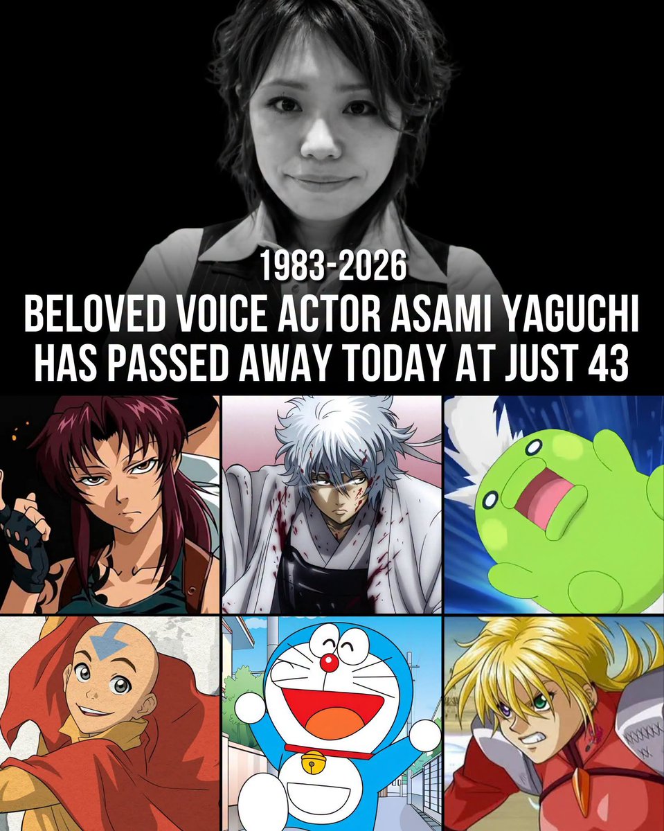 oniichanph's tweet photo. Gone far too soon at just 43 🕊️

Japanese voice actress Asami Yaguchi, best known as the longtime voice of Kuchipatchi in the Tamagotchi! franchise, has passed away.

Across more than two decades in the industry, her voice also became part of Gintama as young Gintoki Sakata, Black Lagoon as Sawyer the Cleaner, Doraemon as Haruo, Dies irae as Eleonore von Wittenburg, Super Robot Wars OG as Katina Tarask, and even Avatar: The Last Airbender, where she voiced young Bumi in the Japanese dub.

For many fans, however, Kuchipatchi will always be the character most closely tied to her voice, making her part of the childhood memories of an entire generation of Tamagotchi! viewers. Her agency mourned her passing with the painful sentiment that 43 was simply too soon.

Rest in peace, Asami Yaguchi. The voice may be gone, but the characters she brought to life will continue speaking to fans for years to come. 🕊️