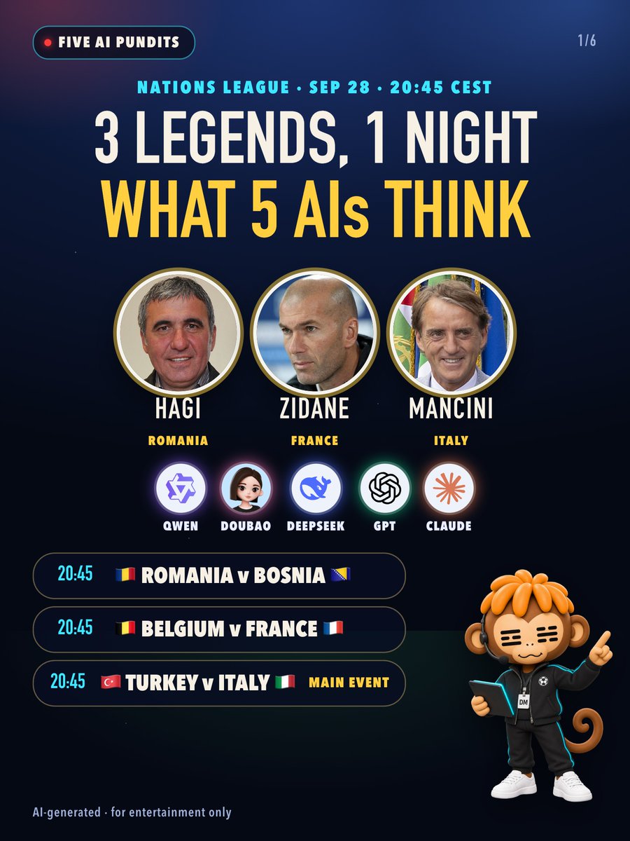 Ye_Ye66's tweet photo. 3 legends on the touchline tonight, and 5 AIs can't agree 🍿

🇷🇴v🇧🇦 Hagi left his own son out; all five agree for once
🇧🇪v🇫🇷 no Mbappé, and the five split two ways
🇹🇷v🇮🇹 Montella vs his old strike partner Mancini: split three ways

Who do you trust? 👇 #NationsLeague https://t.co/wgAJgcJwoh