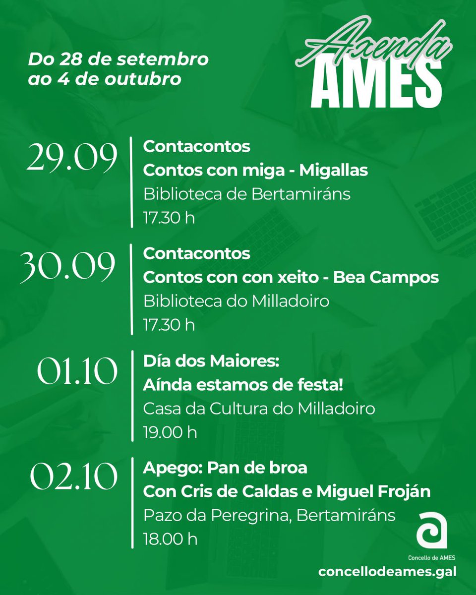 concellodeames's tweet photo. Aquí vos deixamos a #axendaAmes para esta semana! Acaba setembro e dámoslle a benvida a outubro con moitas actividades 🍂

#Ames #ConcelloDeAmes #Axenda https://t.co/ly0mWB6F9G
