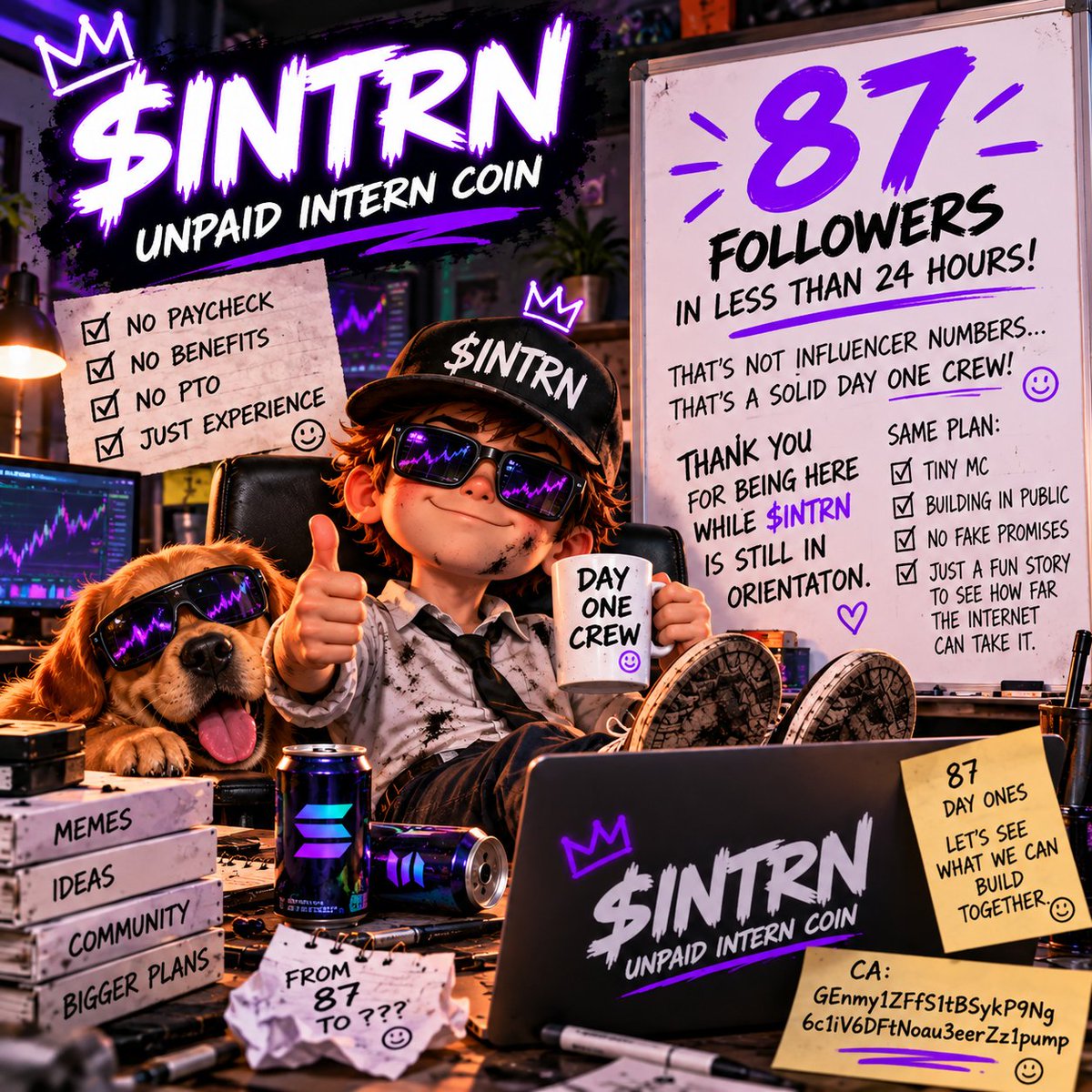 UnpaidIntrnCoin's tweet photo. Nobody knew DOGE was DOGE on Day 2.

Nobody knew PEPE was PEPE on Day 2.

We don't know what $INTRN becomes either.

But the intern clocked in yesterday, 87 people already showed up to watch, and we're building the whole thing in public.

$INTRN - Unpaid Intern Coin

CA:

GEnmy1ZFfS1tBSykP9Ng6c1iV6DFtNoau3eerZz1 pump