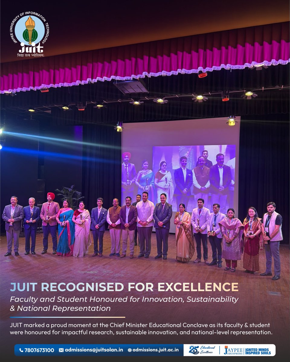 JuitWaknaghat's tweet photo. Celebrating excellence and achievement at JUIT! Prof. Sudhir Syal, Prof. Ashish Kumar, and Ms. Ananya Negi were honoured at the Chief Minister Educational Conclave for impactful research, sustainable innovation, and national-level representation. 🏆🌟
#juit https://t.co/U2BGTmTdjG