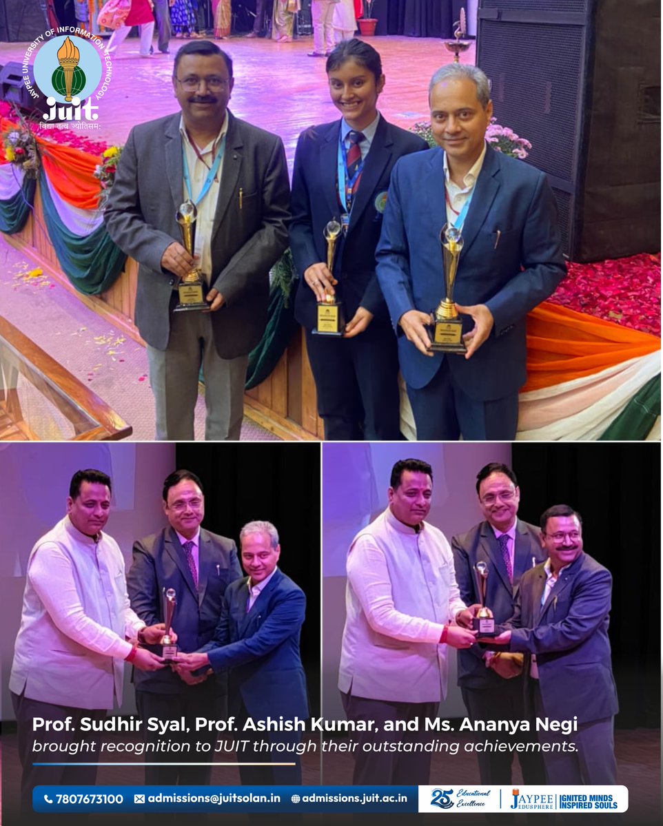 JuitWaknaghat's tweet photo. Celebrating excellence and achievement at JUIT! Prof. Sudhir Syal, Prof. Ashish Kumar, and Ms. Ananya Negi were honoured at the Chief Minister Educational Conclave for impactful research, sustainable innovation, and national-level representation. 🏆🌟
#juit https://t.co/U2BGTmTdjG