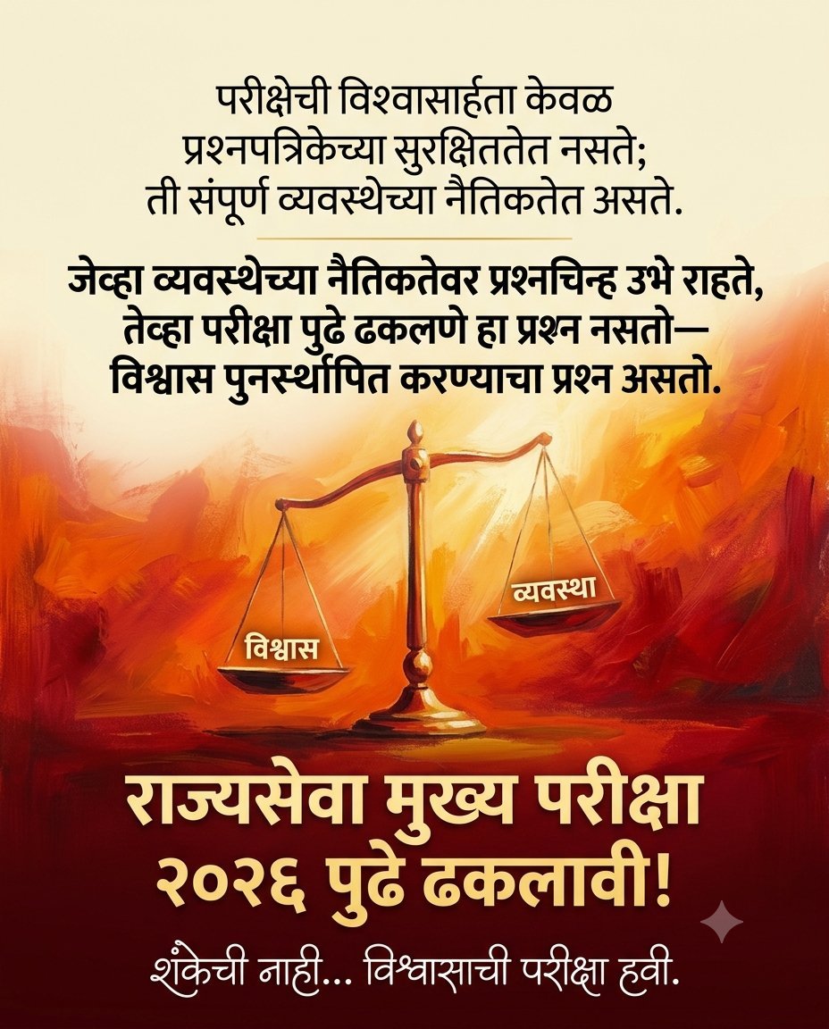 aditi_skp's tweet photo. राज्यसेवा मुख्य परीक्षेला फक्त 4 च दिवस बाकी असून अजूनही आयोग या विषयावर गप्प का? लवकर notification काढून मुलांना दिलासा द्यावा!!
@CMOMaharashtra @mpsc_office  @bhimanwar @rajivnivatkar @VikramPachpute_ @Nikhil_A_Patil      

#mpsc #FairRajyasevaMains2026 #notification https://t.co/yVRvKEbFi3