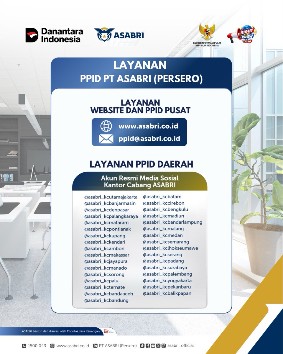 asabri_official's tweet photo. Halo Sobat ASABRI
Sebagai wujud komitmen terhadap transparansi dan akuntabilitas penyelenggaraan layanan, ASABRI terus meningkatkan Layanan Informasi Publik.
“Informasi Terbuka, Publik Berdaya, Demokrasi Terjaga“
#RightToKnowDay2026
#RTKD2026 #HakUntukTahu https://t.co/QkhE0XzuRI