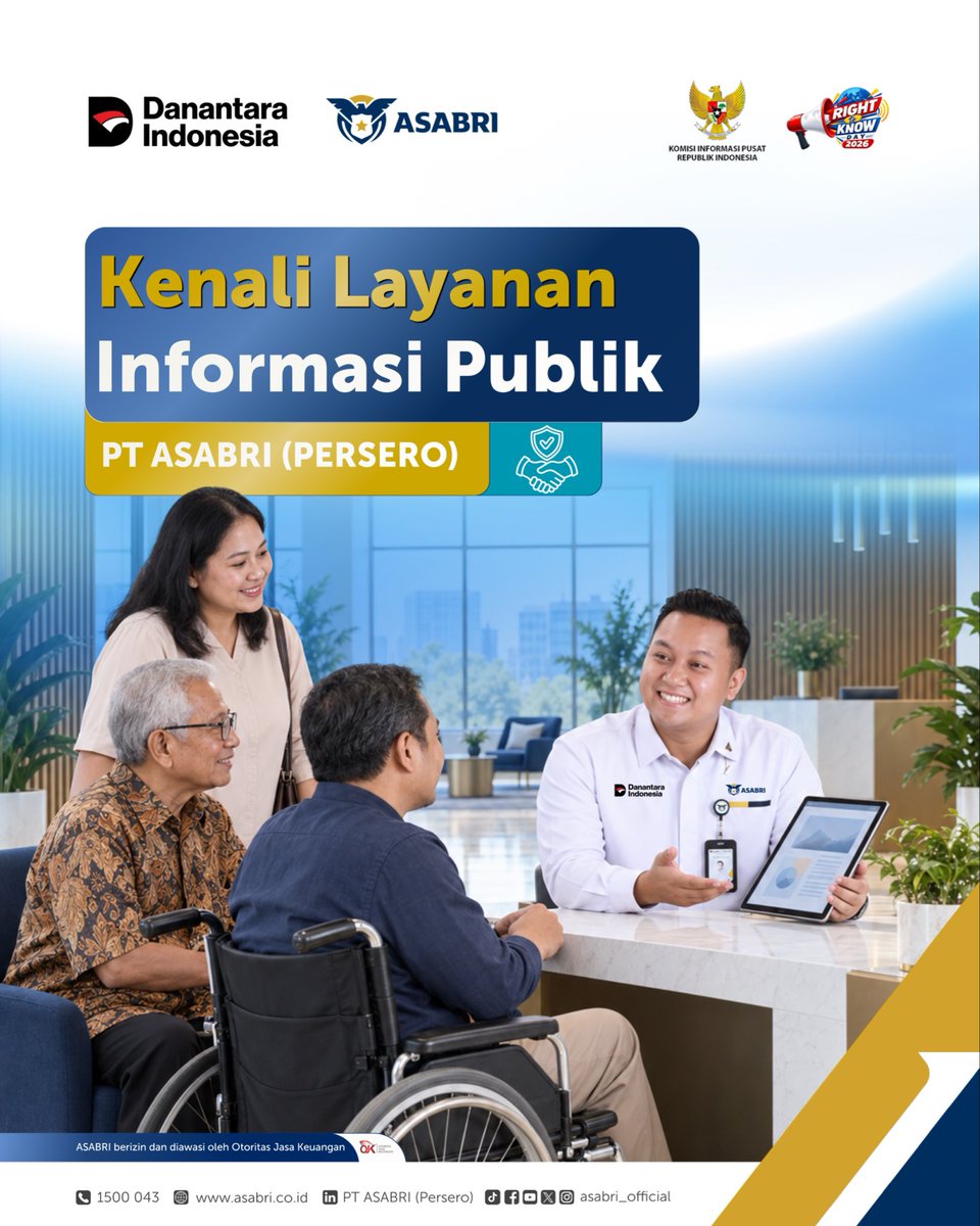asabri_official's tweet photo. Halo Sobat ASABRI
Sebagai wujud komitmen terhadap transparansi dan akuntabilitas penyelenggaraan layanan, ASABRI terus meningkatkan Layanan Informasi Publik.
“Informasi Terbuka, Publik Berdaya, Demokrasi Terjaga“
#RightToKnowDay2026
#RTKD2026 #HakUntukTahu https://t.co/QkhE0XzuRI