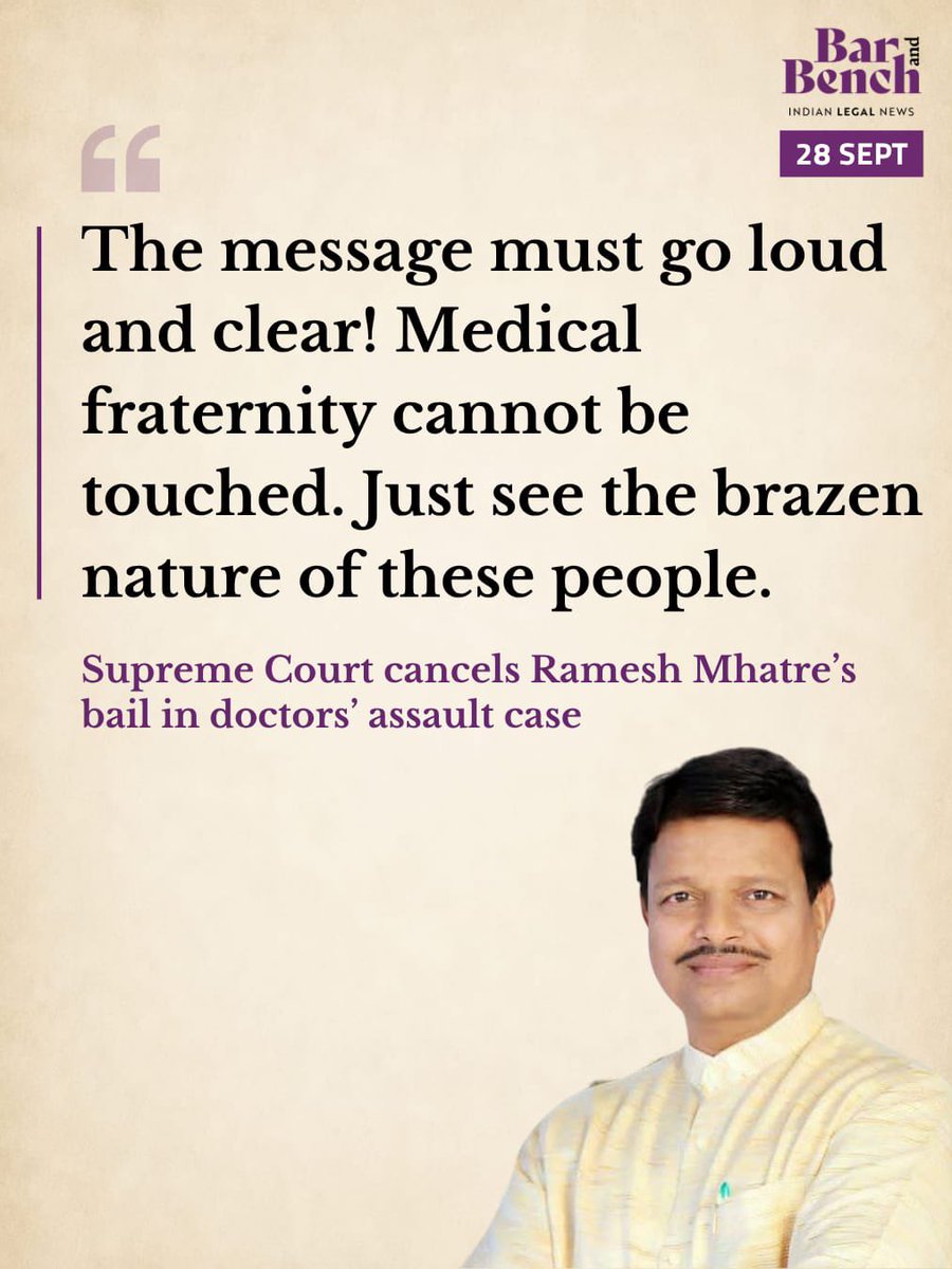 barandbench's tweet photo. The message must go loud and clear that the medical fraternity cannot be touched, the top court said while directing Ramesh Mhatre to surrender within three days.

Read here: https://t.co/00gXj9zJMC https://t.co/odEGXu8Rpf