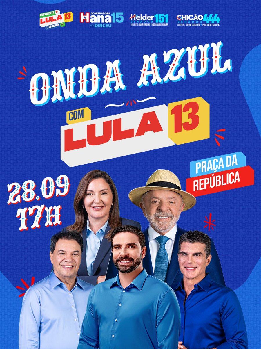 igornormando's tweet photo. Te espero às 17h na Praça da República! Vem com a gente mostrar a força da Onda Azul junto com @LulaOficial, @hana_ghassan, @helderbarbalho e Chicão. 💙⭐️ https://t.co/Pn26obxM8w