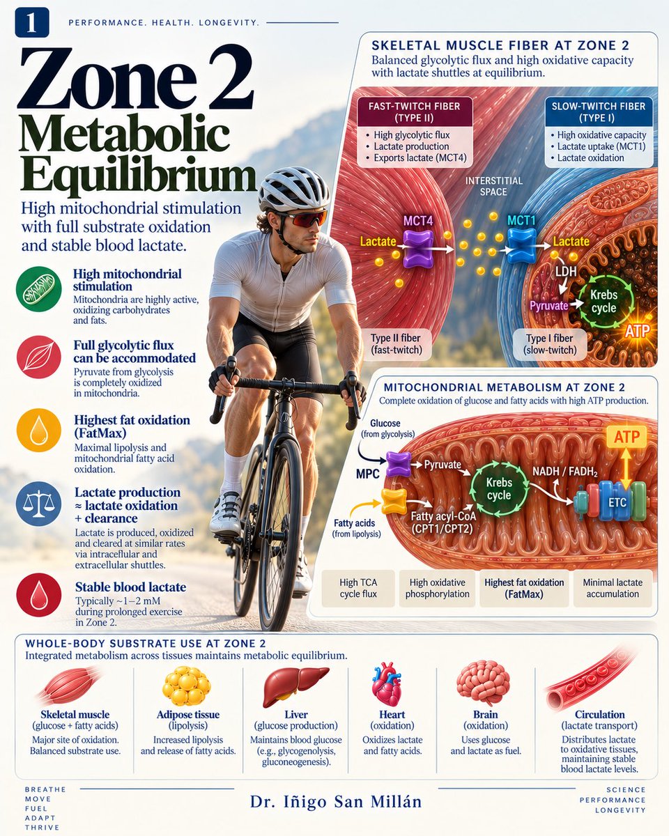 doctorinigo's tweet photo. WHAT IS ZONE 2?

I would like to condense 30 years of work and research in muscle physiology, metabolism, and bioenergetics into how I understand and describe Zone 2 from a bioenergetic perspective.

I have explained these concepts many times over the years in podcasts, interviews, lectures and posts, but I have never tried to bring the entire metabolic story together visually.

So here it is: 30 years of work and research condensed into five slides, in an AI-produced carousel that I guided scientifically, concept by concept.

For me, Zone 2 is not simply a heart rate, power output, pace or lactate number…It is a METABOLIC STATE.

It is the intensity at which mitochondrial and bioenergetic demand is the highest, while the cell can still maintain METABOLIC EQUILIBRIUM. 

And when that equilibrium begins to break, we start moving away from Zone 2 and into what I describe as METABOLIC DRIFT

This carousel is my attempt to explain my vision of what Zone 2 represents at the biochemical and bioenergetic level. 

Identifying where your Zone 2 is can help targeting these cellular and mitochondrial adaptations. 

#zone2 #metabolicequilibrium #MetabolicDrift
