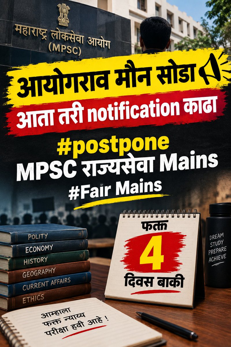 ak_hereAkz11e's tweet photo. राज्यसेवा मुख्य परीक्षेला फक्त 4 च दिवस बाकी असून अजूनही आयोग ��ा विषयावर गप्प का? लवकर notification काढून मुलांना दिलासा द्यावा!!
@CMOMaharashtra @mpsc_office  @bhimanwar @rajivnivatkar @VikramPachpute_ @Nikhil_A_Patil      

#mpsc #FairRajyasevaMains2026 #notification https://t.co/abqSeqVM9S
